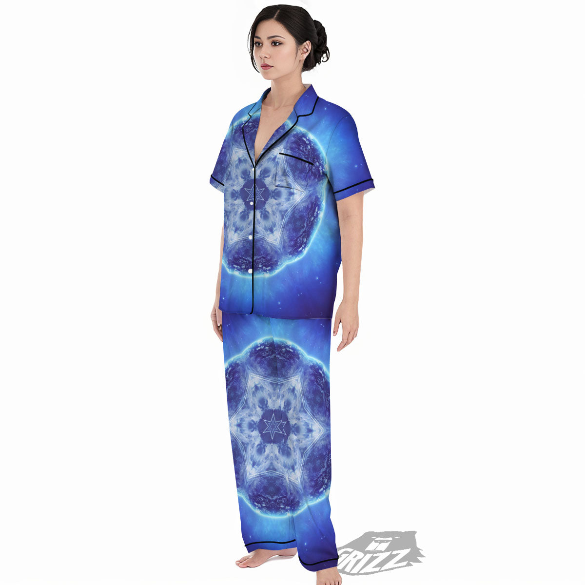 Blue Fractal Kaleidoscope Print Women's Pajamas Set-grizzshop