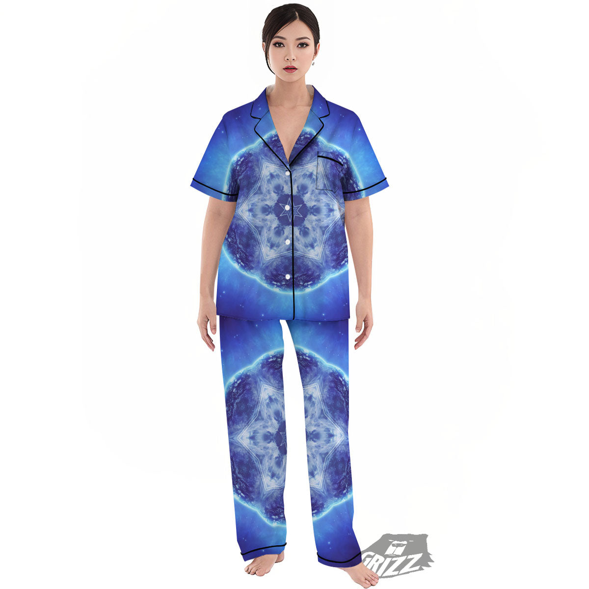 Blue Fractal Kaleidoscope Print Women's Pajamas Set-grizzshop