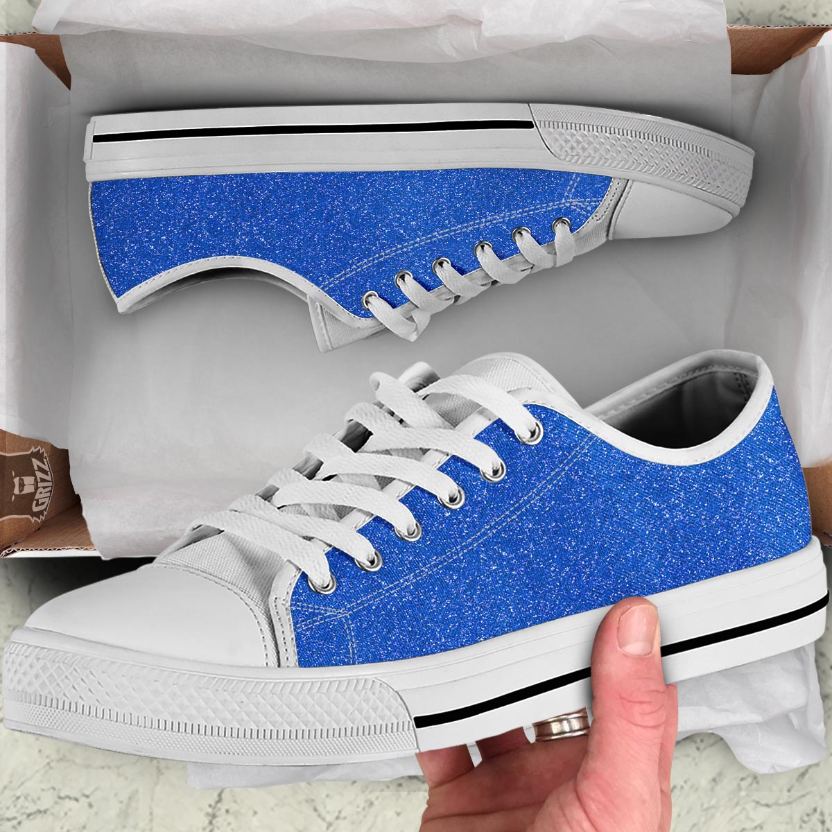 Blue Glitter Artwork Print White Low Top Shoes-grizzshop