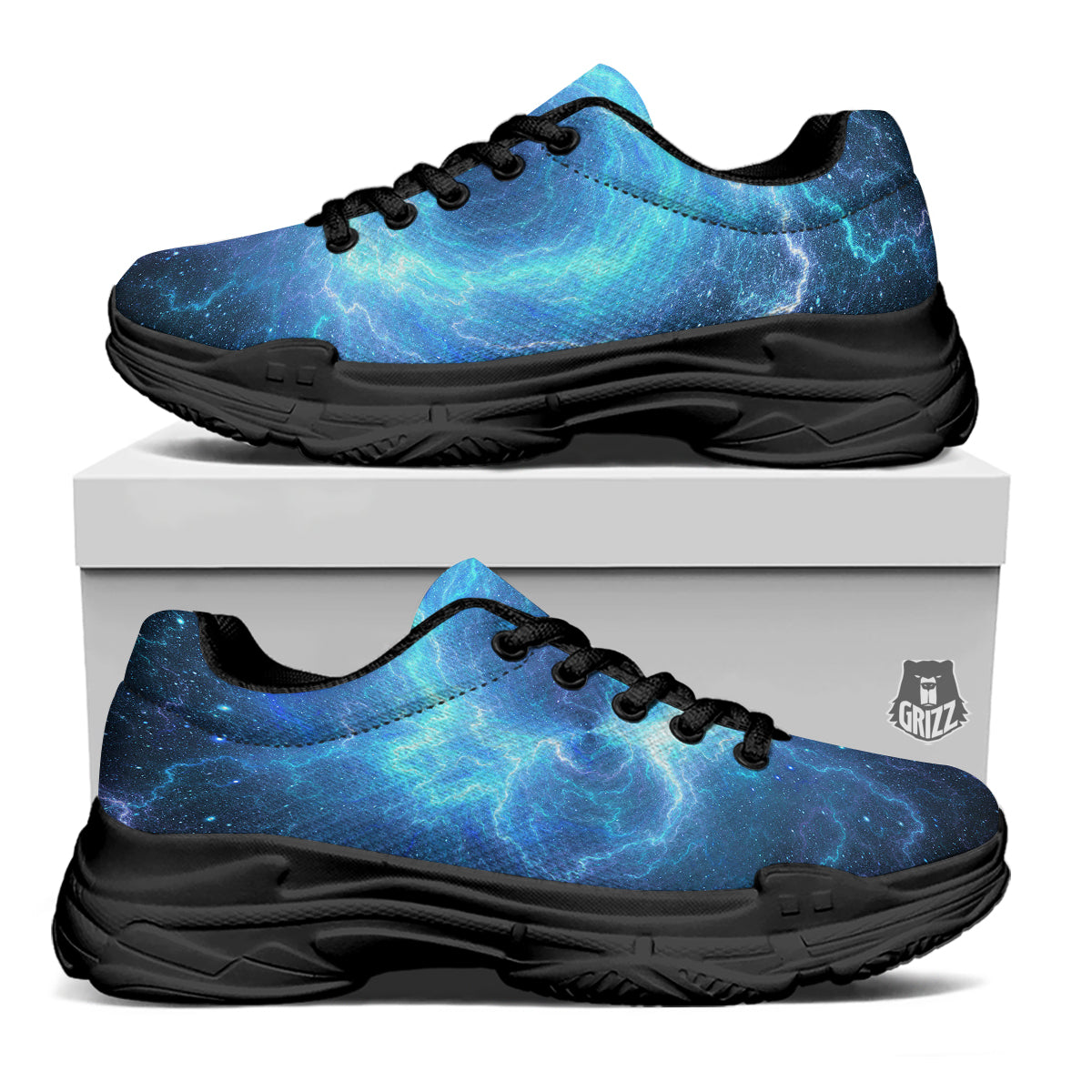Blue Glowing Giant Lightning In Space Print Black Chunky Shoes-grizzshop