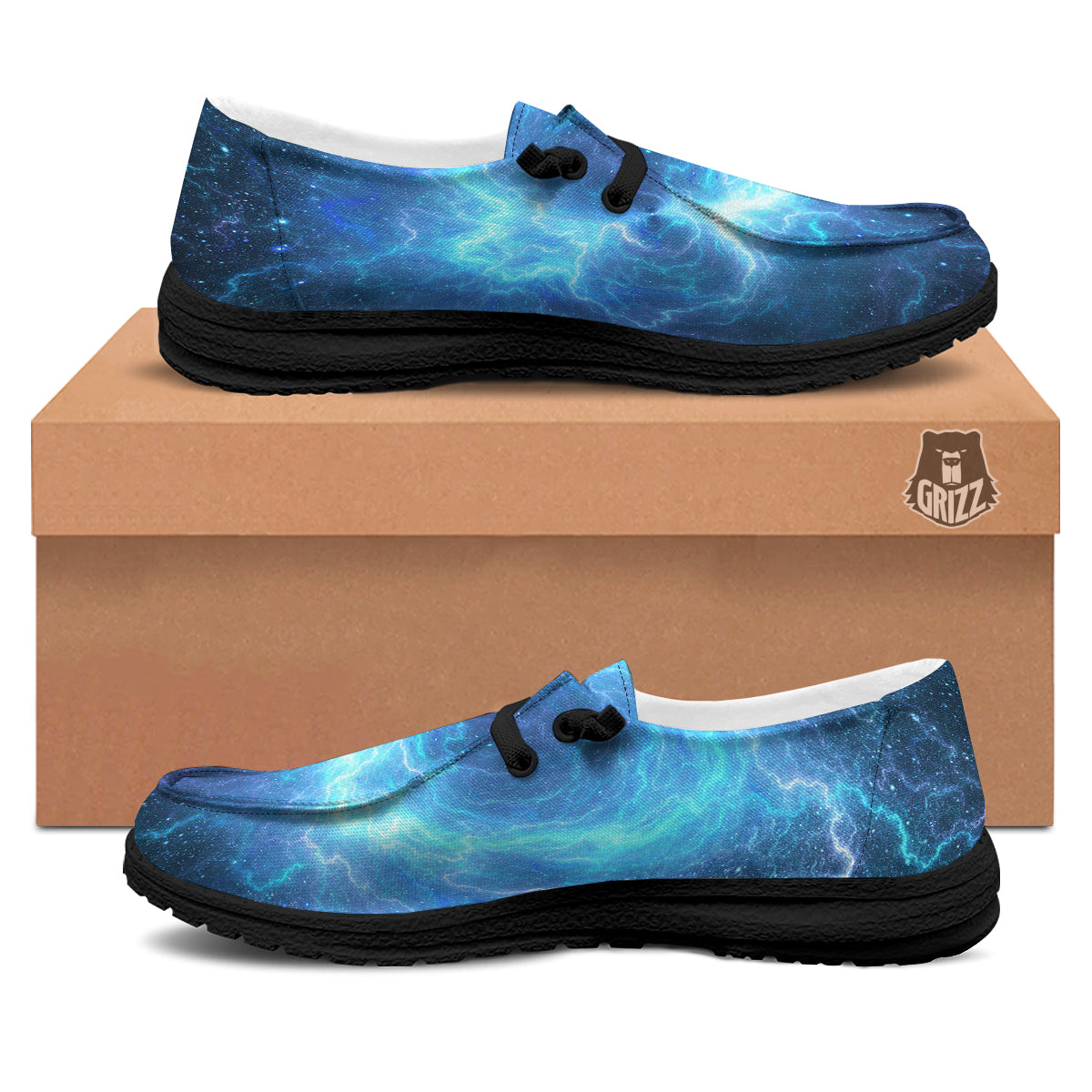 Blue Glowing Giant Lightning In Space Print Black Loafers-grizzshop