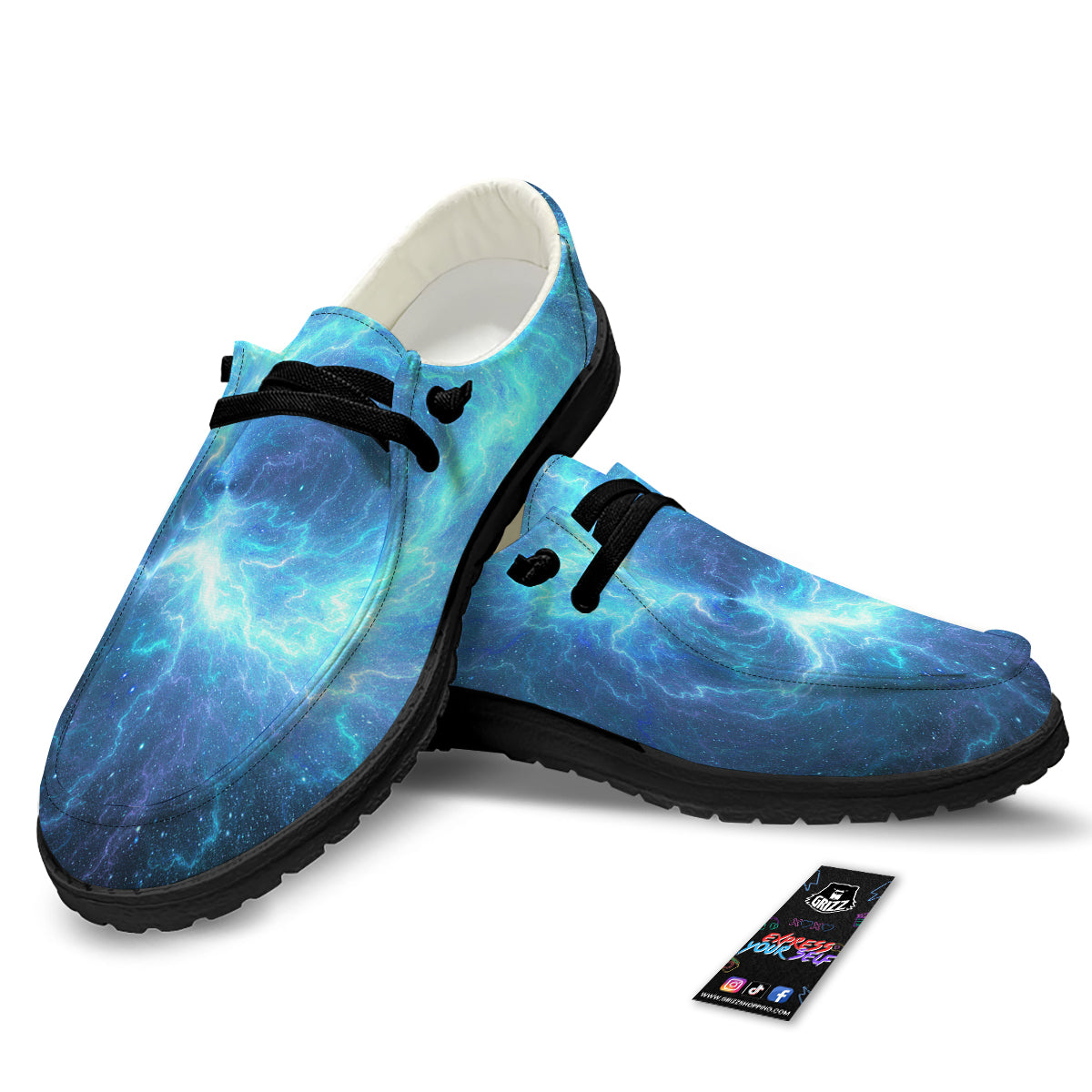 Blue Glowing Giant Lightning In Space Print Black Loafers-grizzshop