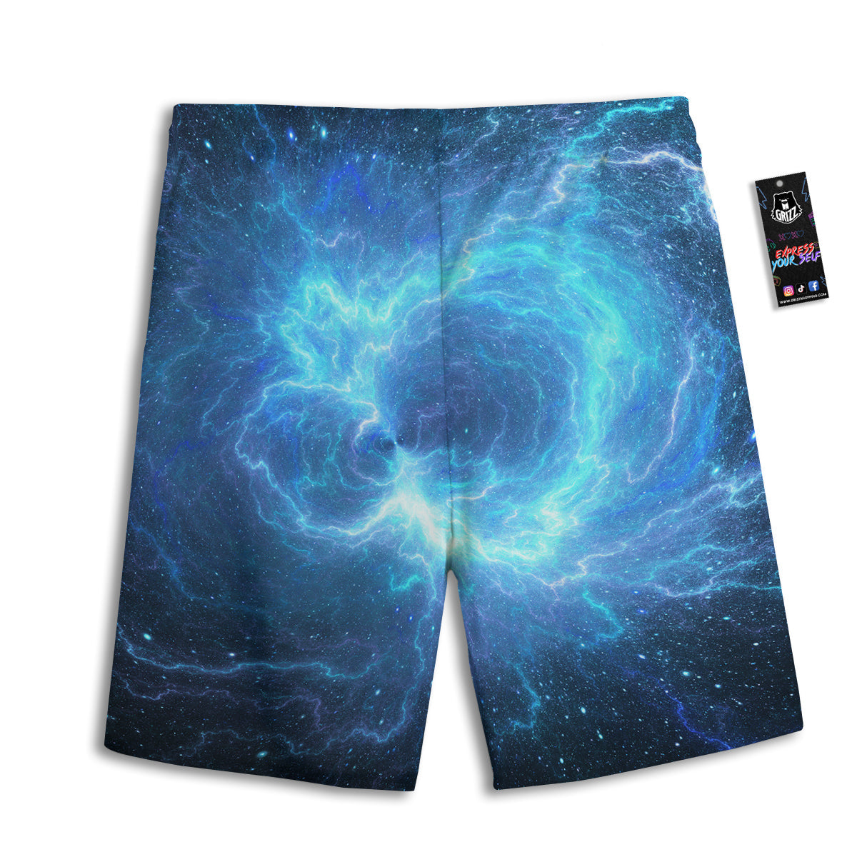 Blue Glowing Giant Lightning In Space Print Men's Athletic Shorts