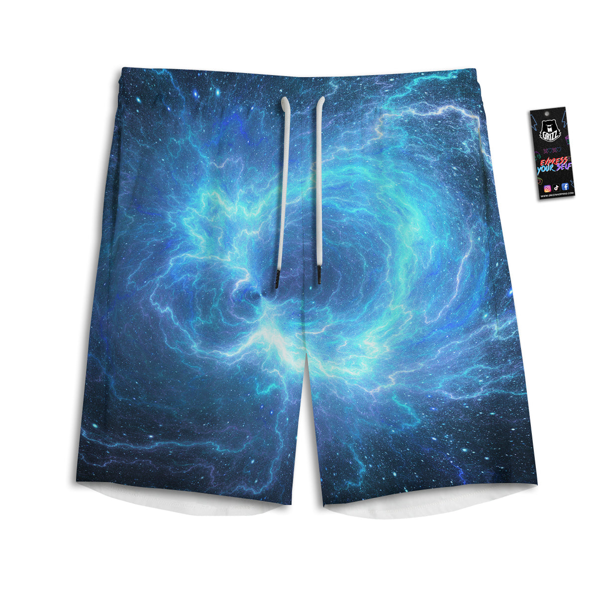 Blue Glowing Giant Lightning In Space Print Men's Athletic Shorts