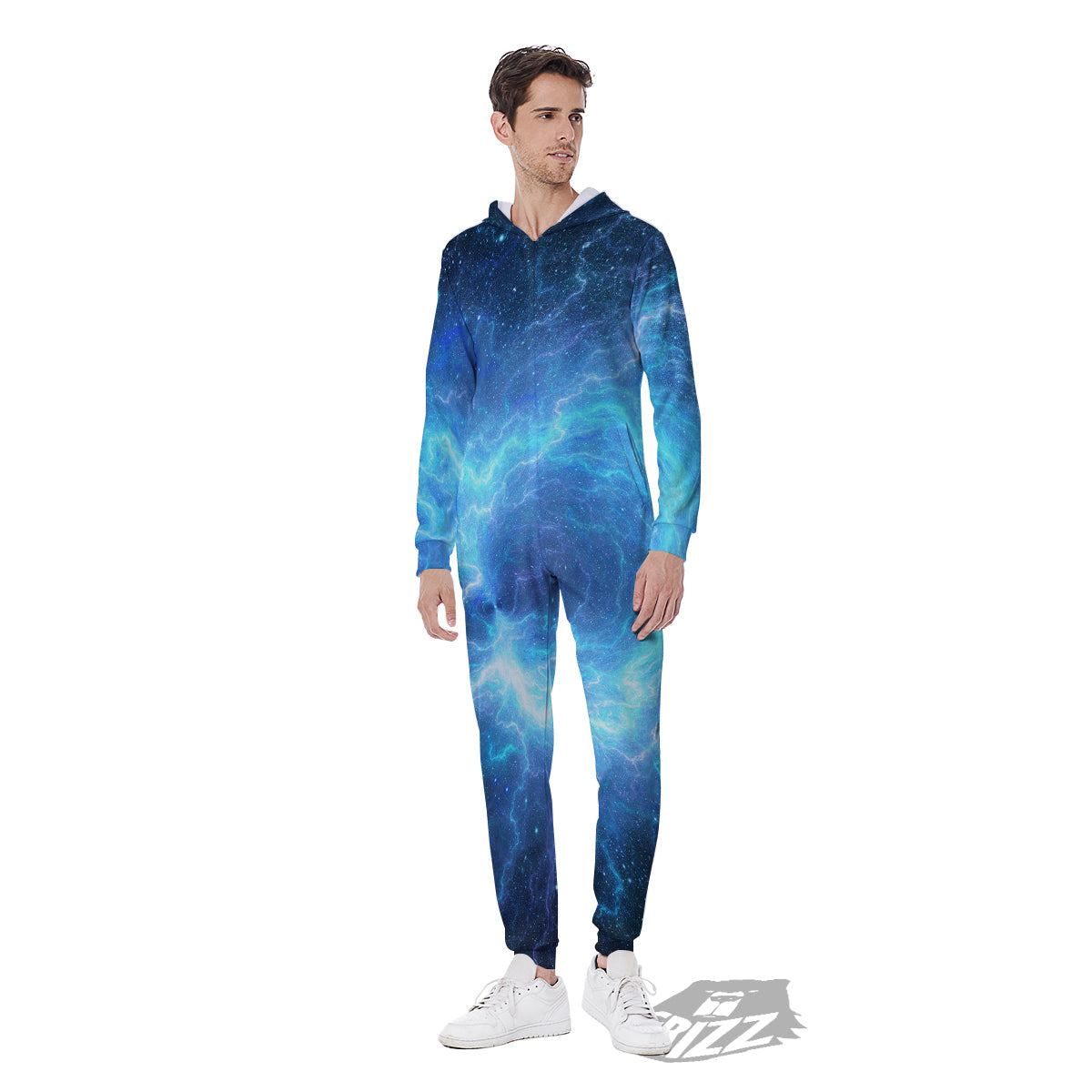 Blue Glowing Giant Lightning In Space Print Men's Jumpsuit-grizzshop