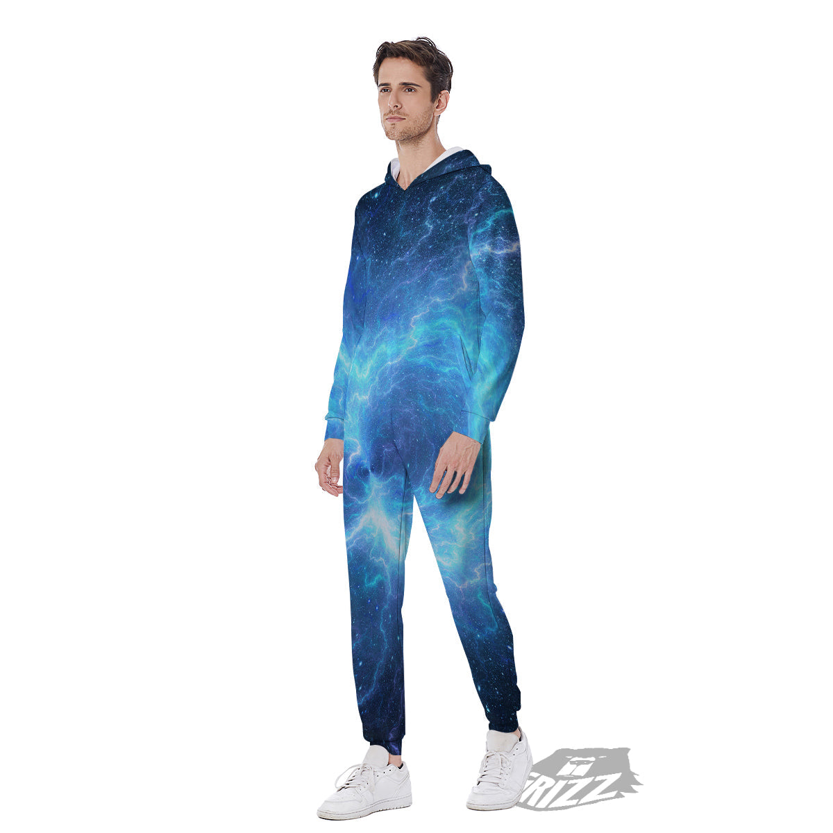 Blue Glowing Giant Lightning In Space Print Men's Jumpsuit-grizzshop