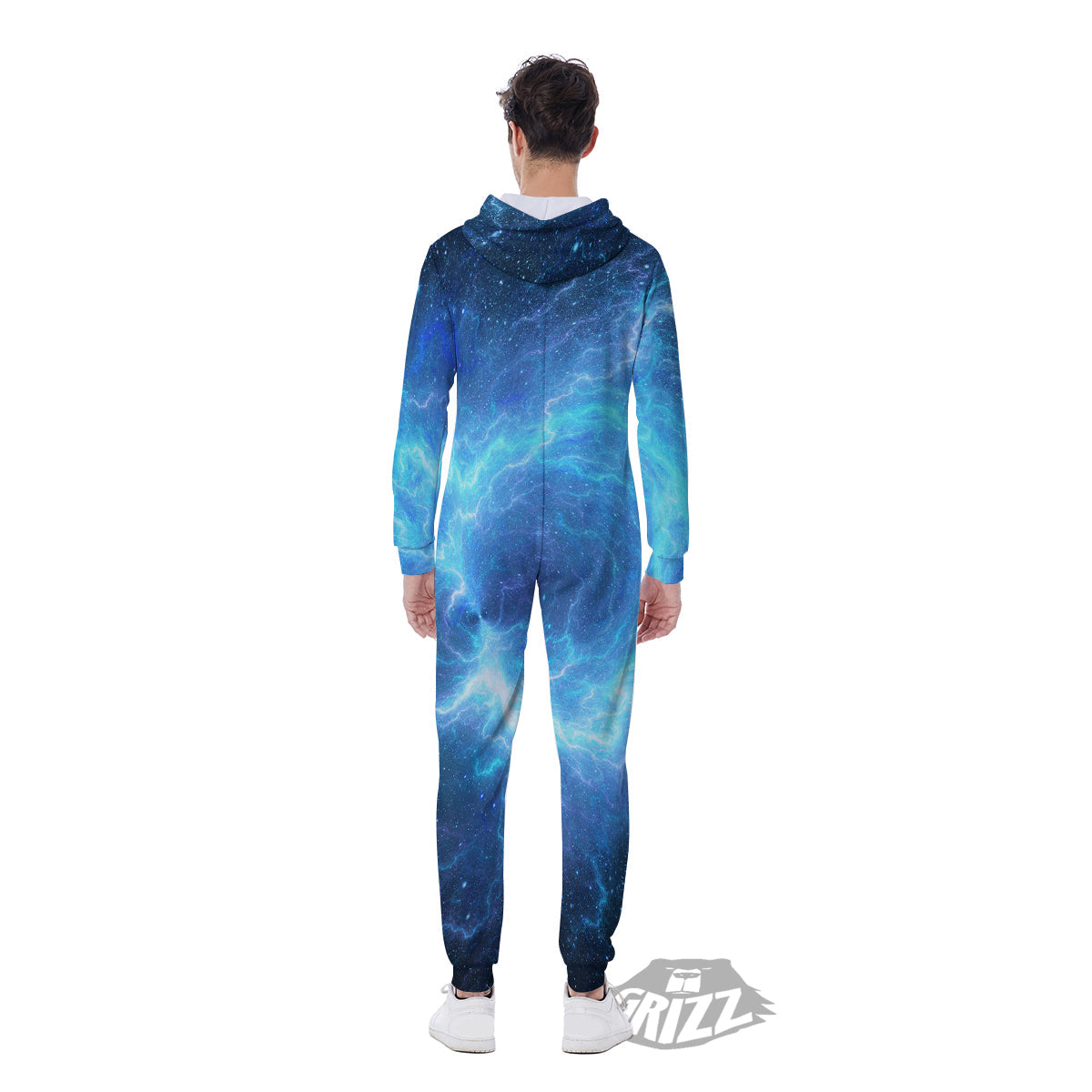Blue Glowing Giant Lightning In Space Print Men's Jumpsuit-grizzshop