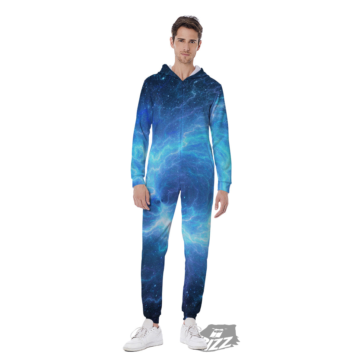 Blue Glowing Giant Lightning In Space Print Men's Jumpsuit-grizzshop