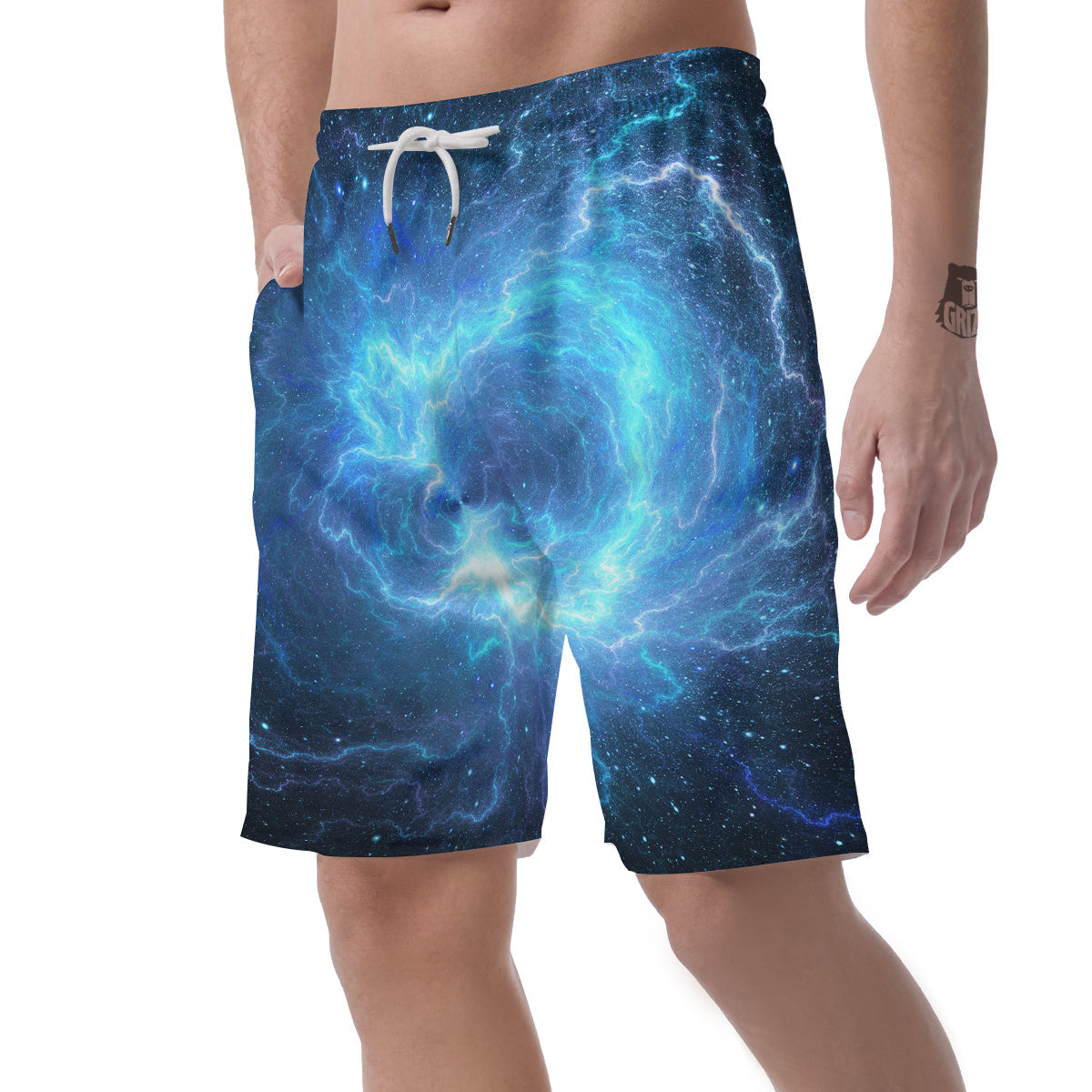 Blue Glowing Giant Lightning In Space Print Men's Shorts-grizzshop