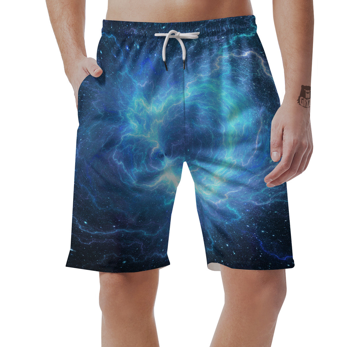 Blue Glowing Giant Lightning In Space Print Men's Shorts-grizzshop