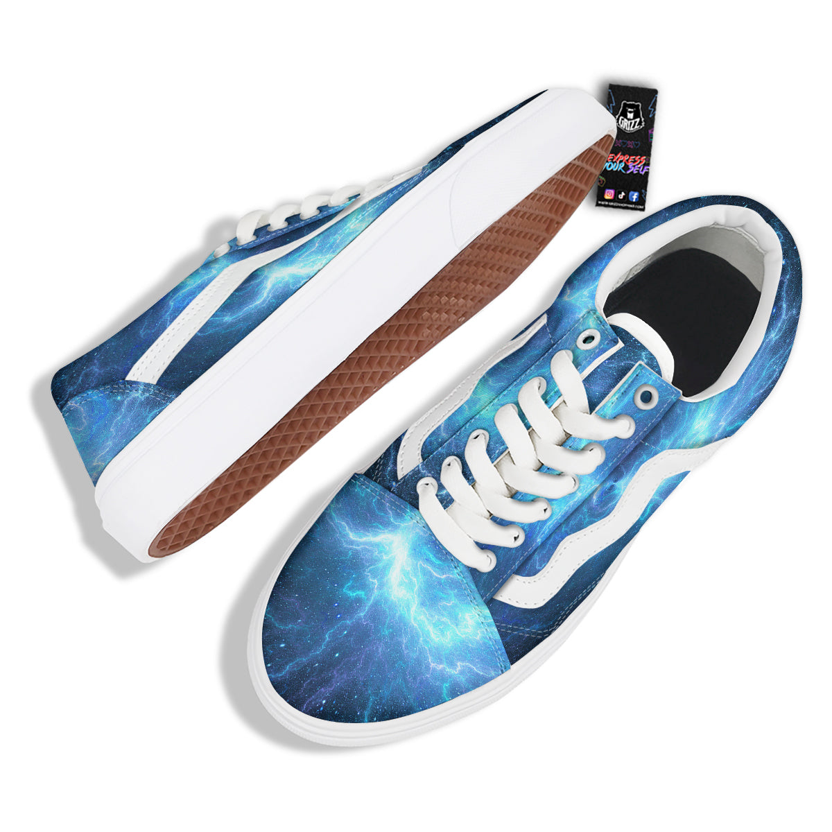 Blue Glowing Giant Lightning In Space Print Skate Shoes-grizzshop