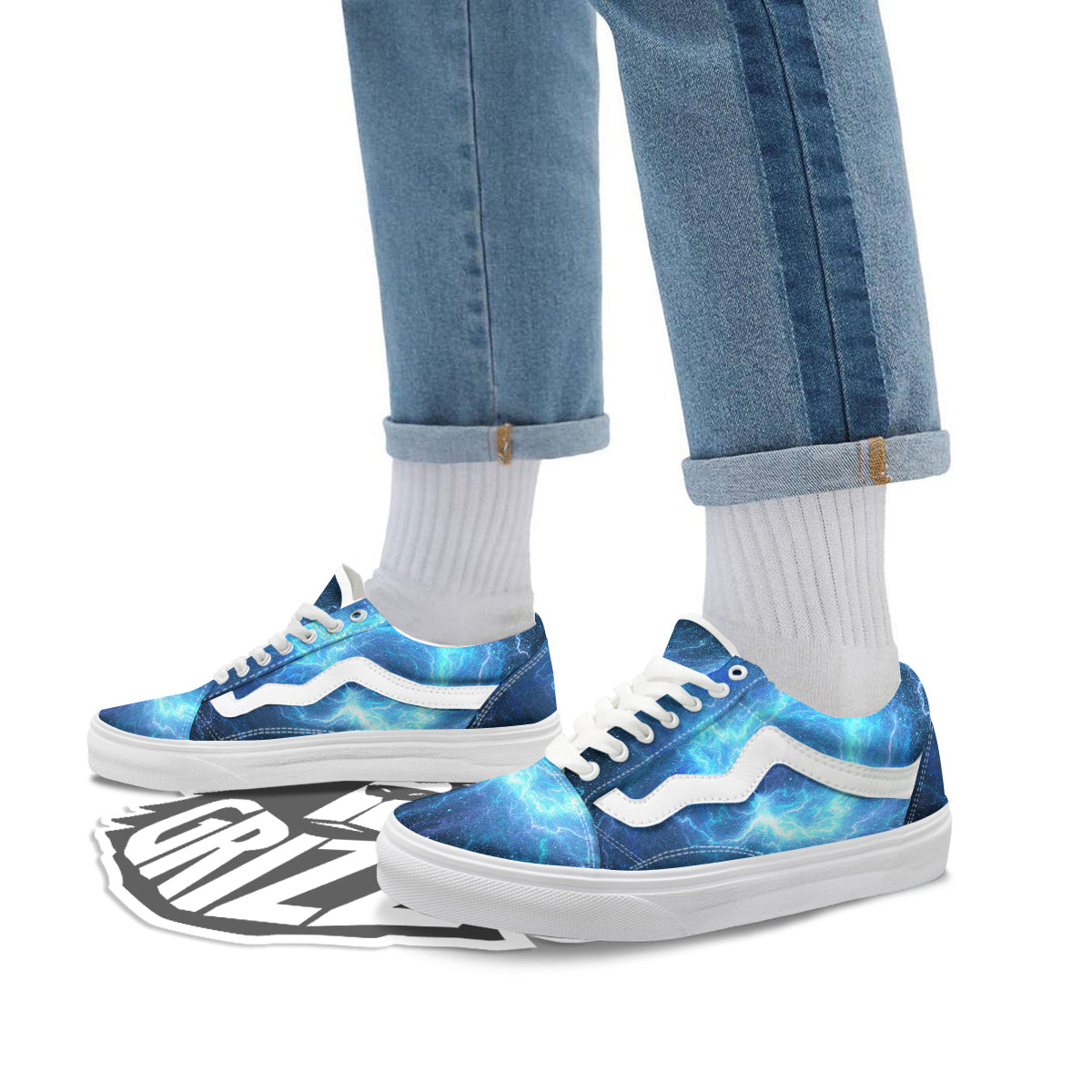 Blue Glowing Giant Lightning In Space Print Skate Shoes-grizzshop