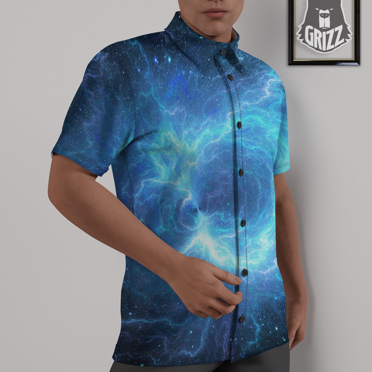 Blue Glowing Giant Lightning In Space Print Untucked Shirts-grizzshop