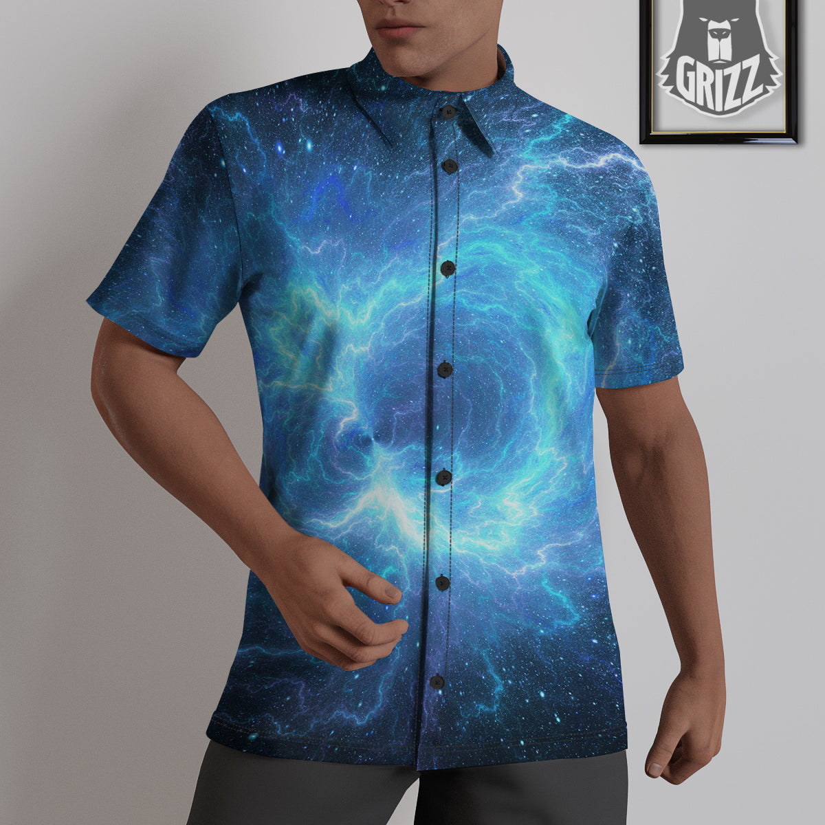 Blue Glowing Giant Lightning In Space Print Untucked Shirts-grizzshop