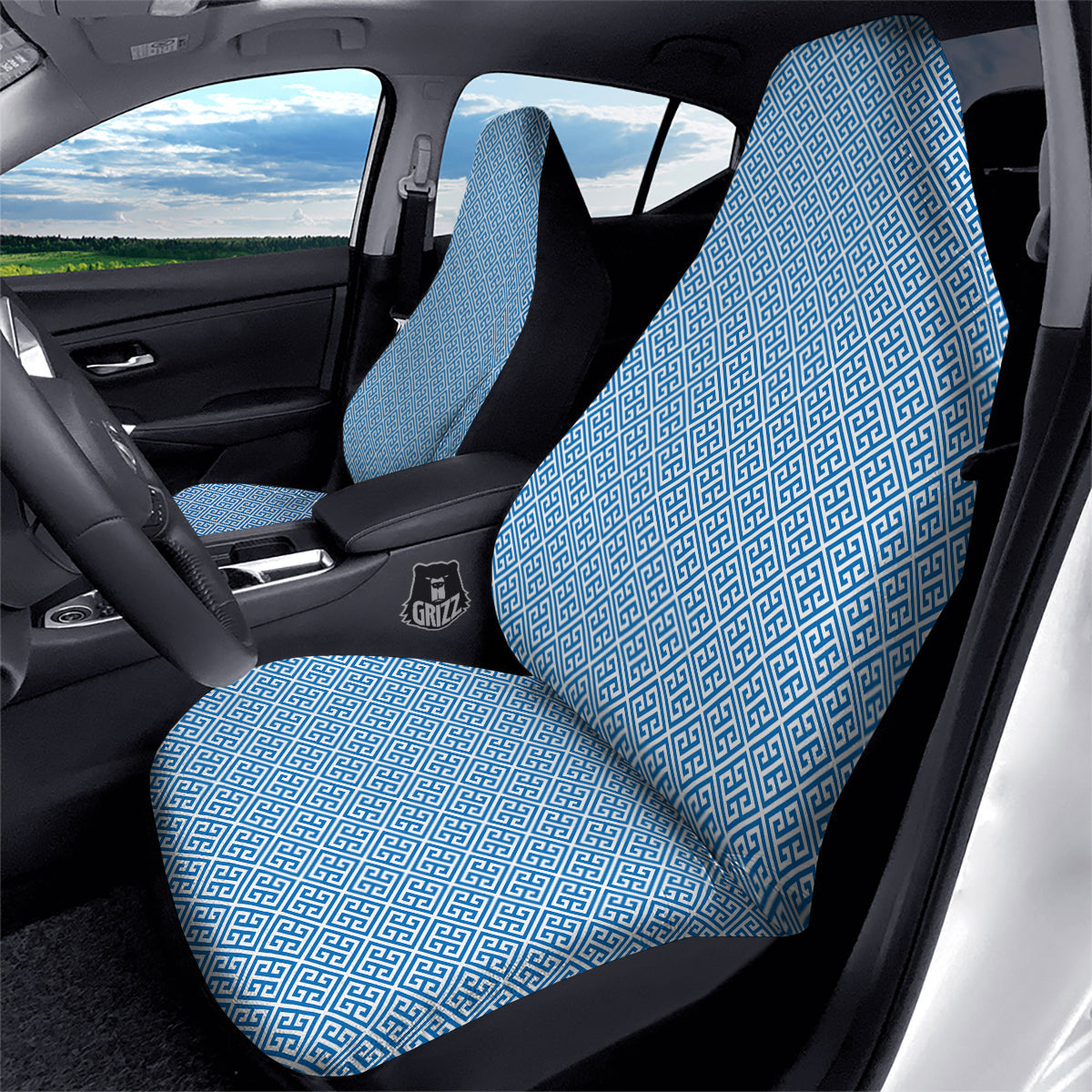 Blue Greek Key Print Pattern Car Seat Covers-grizzshop