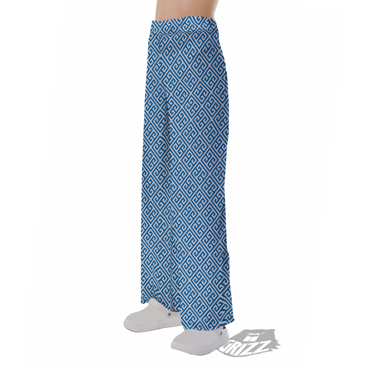 Blue Greek Key Print Pattern Pajama Pants-grizzshop