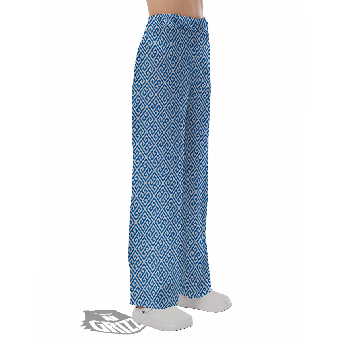 Blue Greek Key Print Pattern Pajama Pants-grizzshop