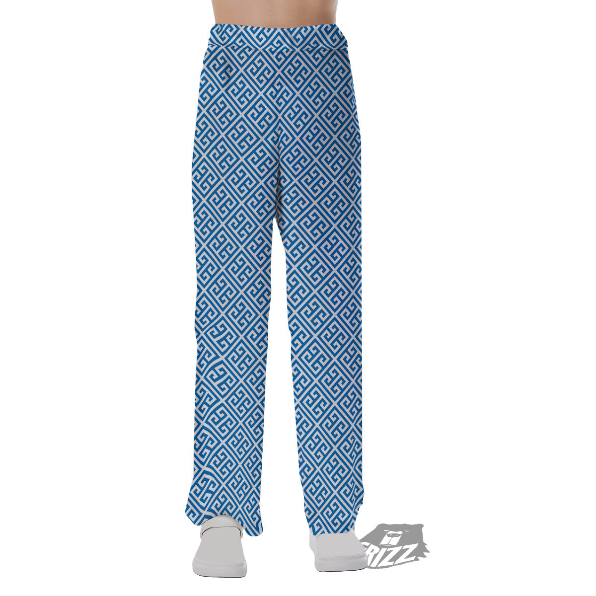 Blue Greek Key Print Pattern Pajama Pants-grizzshop