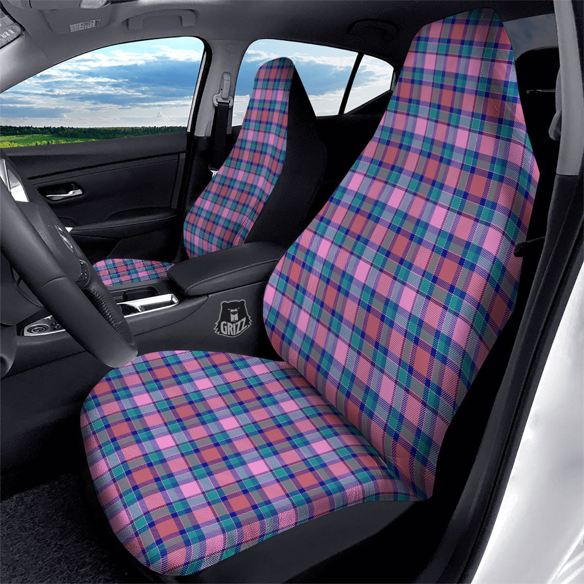 Blue Green And Pink Tartan Print Pattern Car Seat Covers-grizzshop