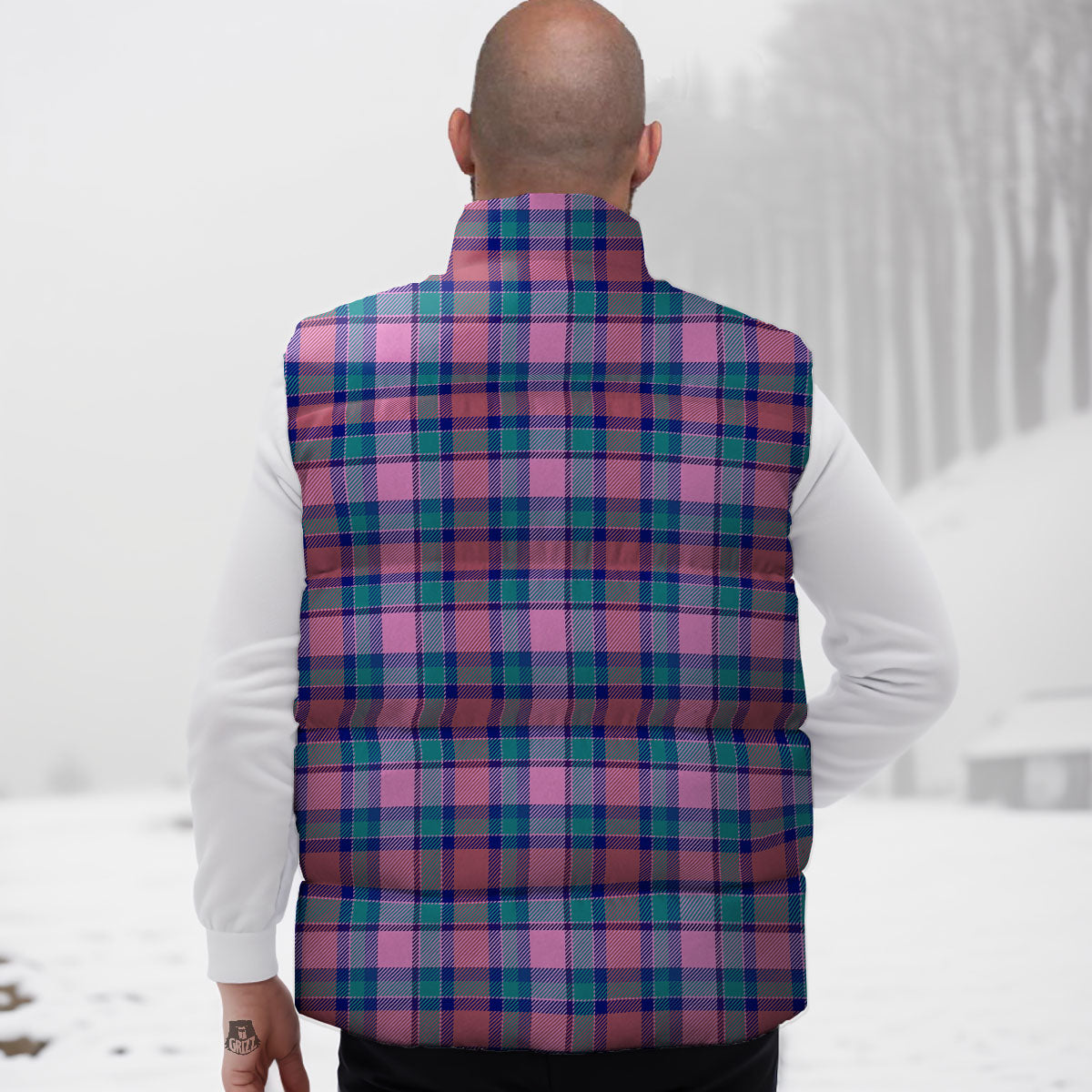 Blue Green And Pink Tartan Print Pattern Down Vest