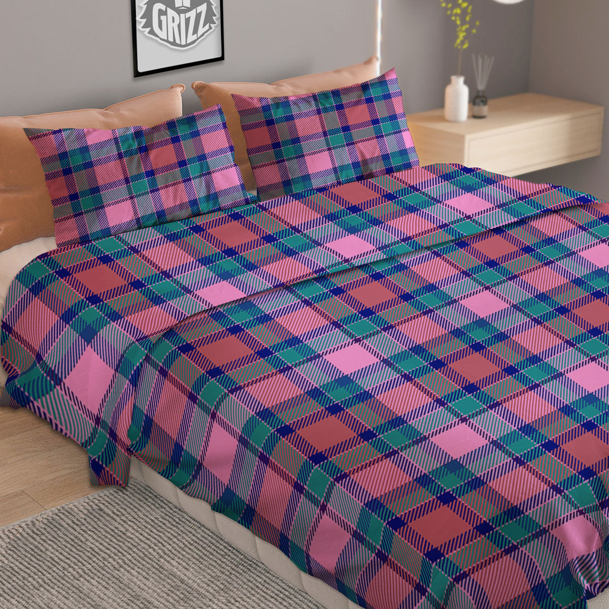 Blue Green And Pink Tartan Print Pattern Duvet Cover Bedding Set