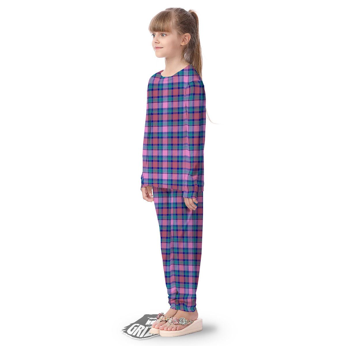 Blue Green And Pink Tartan Print Pattern Kid's Pajamas-grizzshop