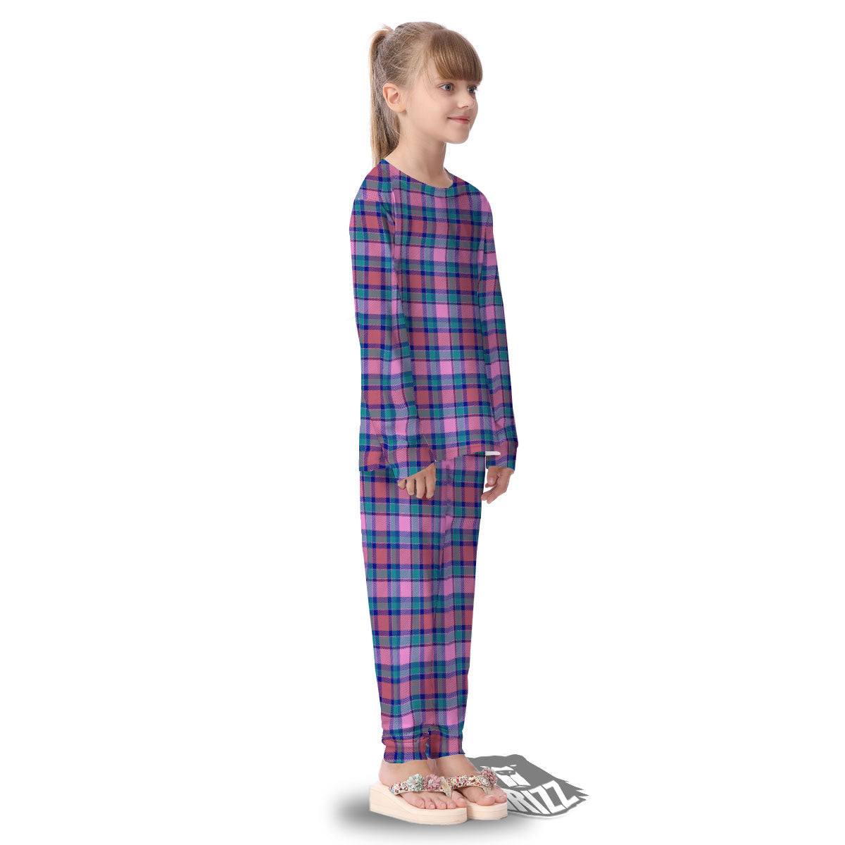 Blue Green And Pink Tartan Print Pattern Kid's Pajamas-grizzshop