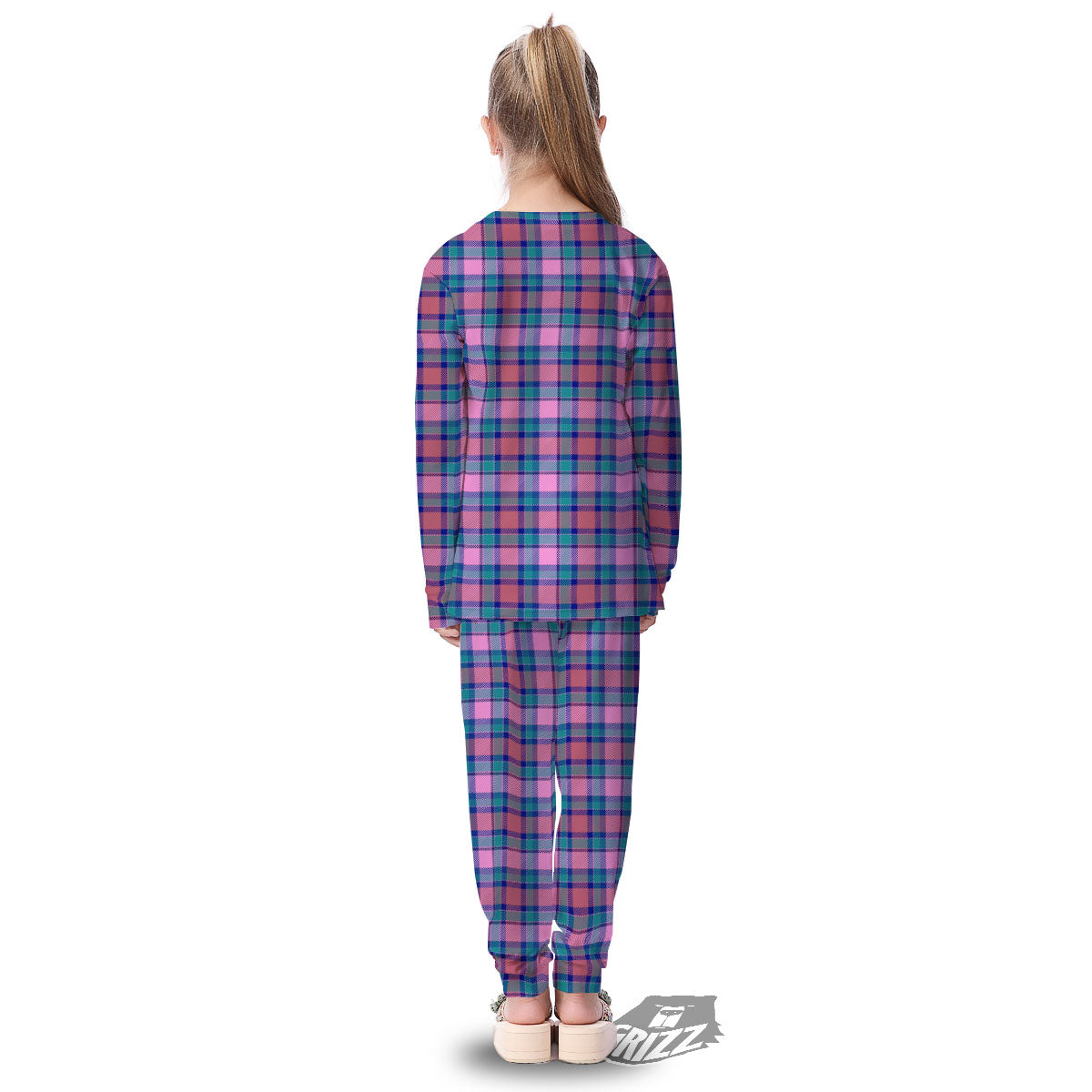 Blue Green And Pink Tartan Print Pattern Kid's Pajamas-grizzshop