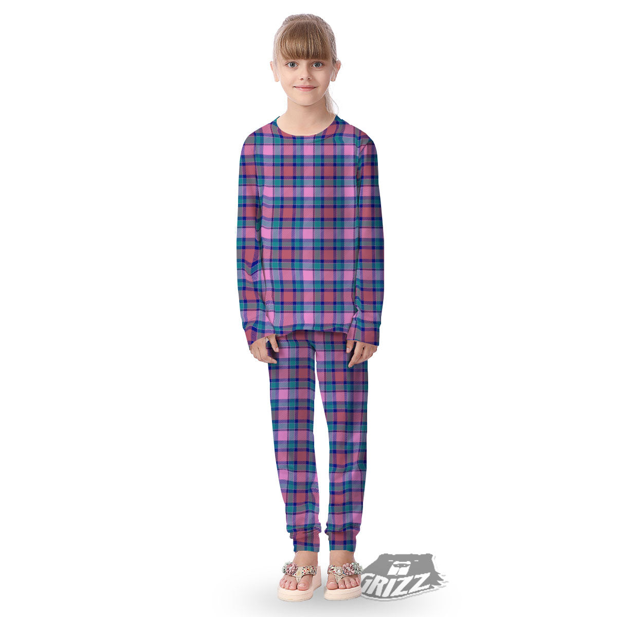 Blue Green And Pink Tartan Print Pattern Kid's Pajamas-grizzshop