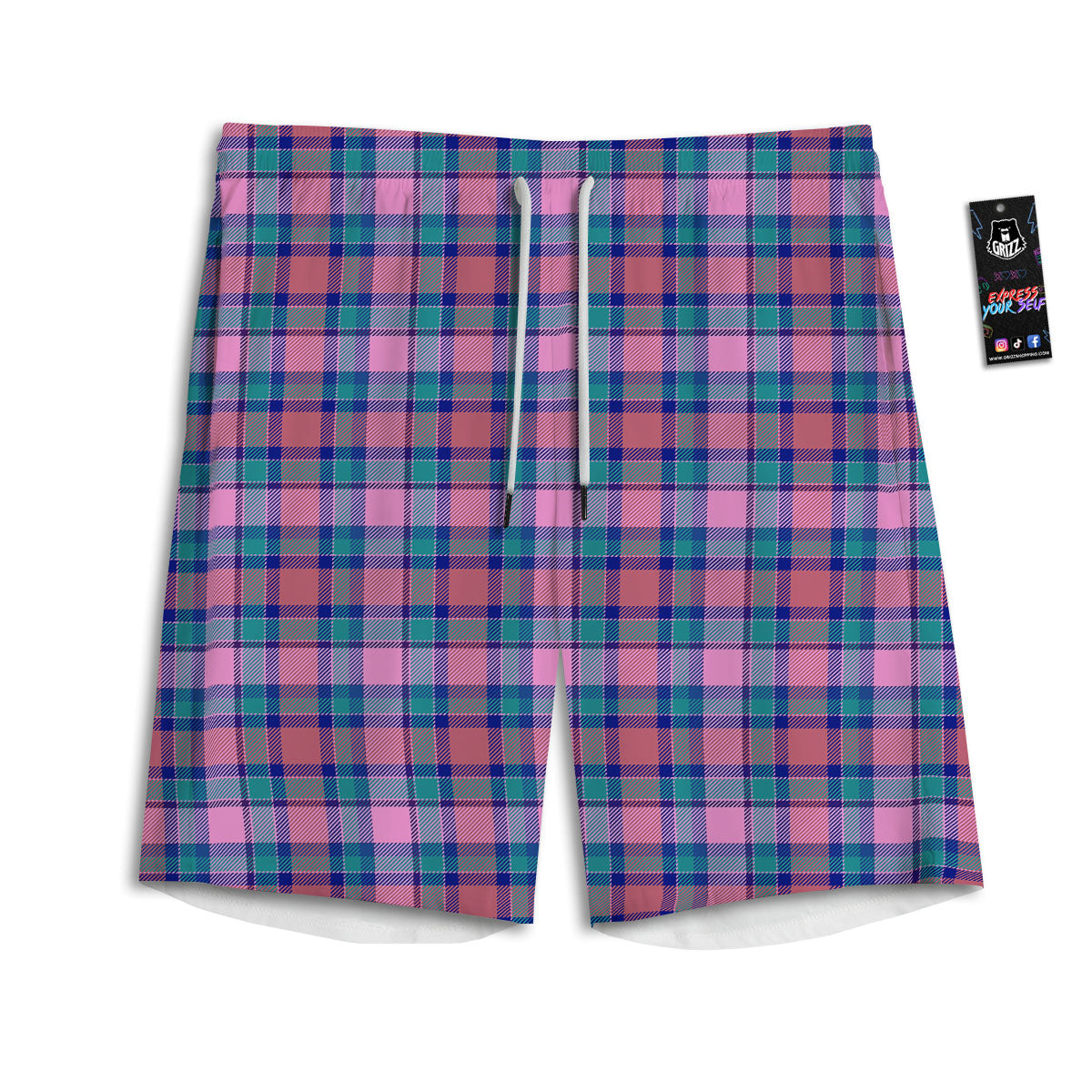 Blue Green And Pink Tartan Print Pattern Men's Athletic Shorts