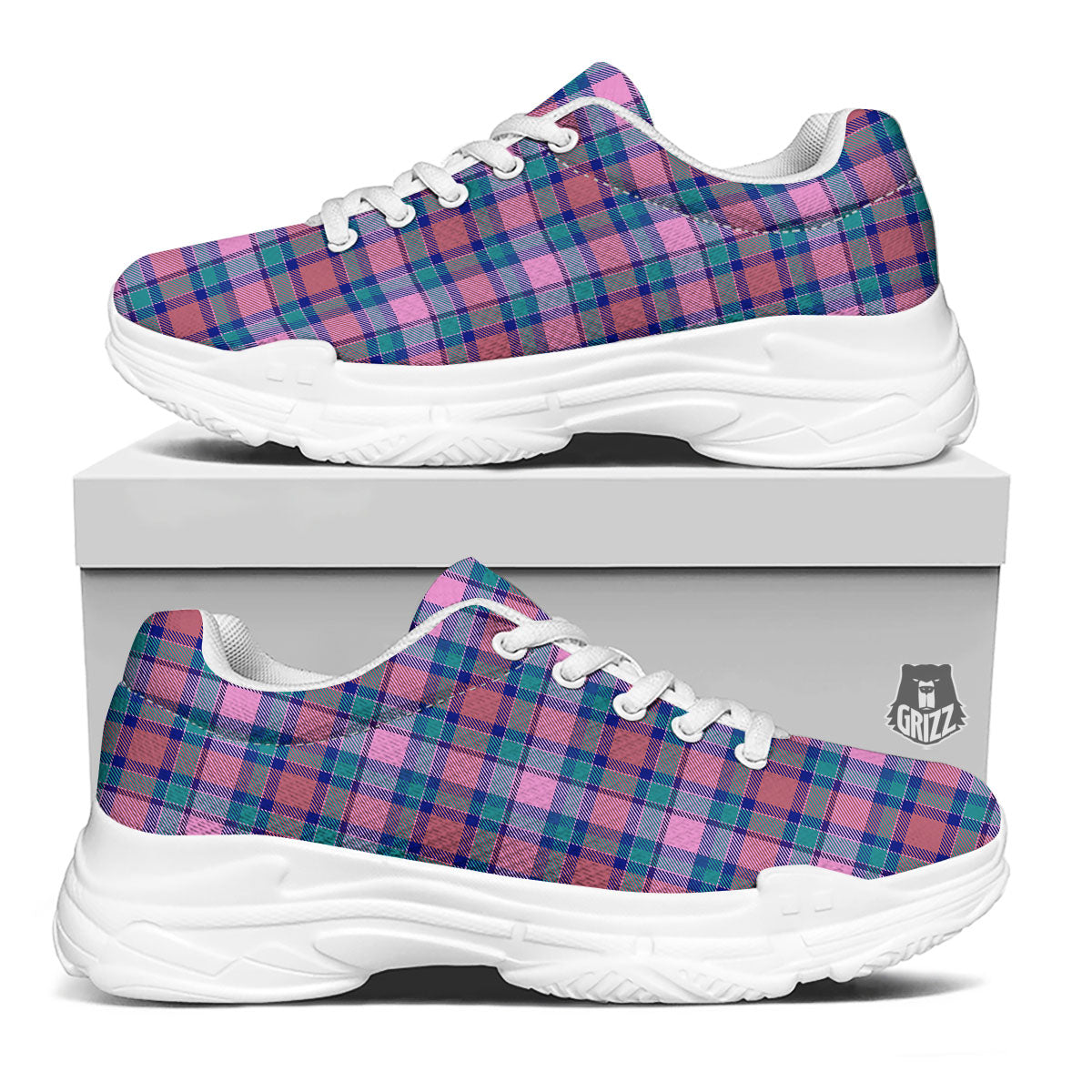 Blue Green And Pink Tartan Print Pattern White Chunky Shoes-grizzshop