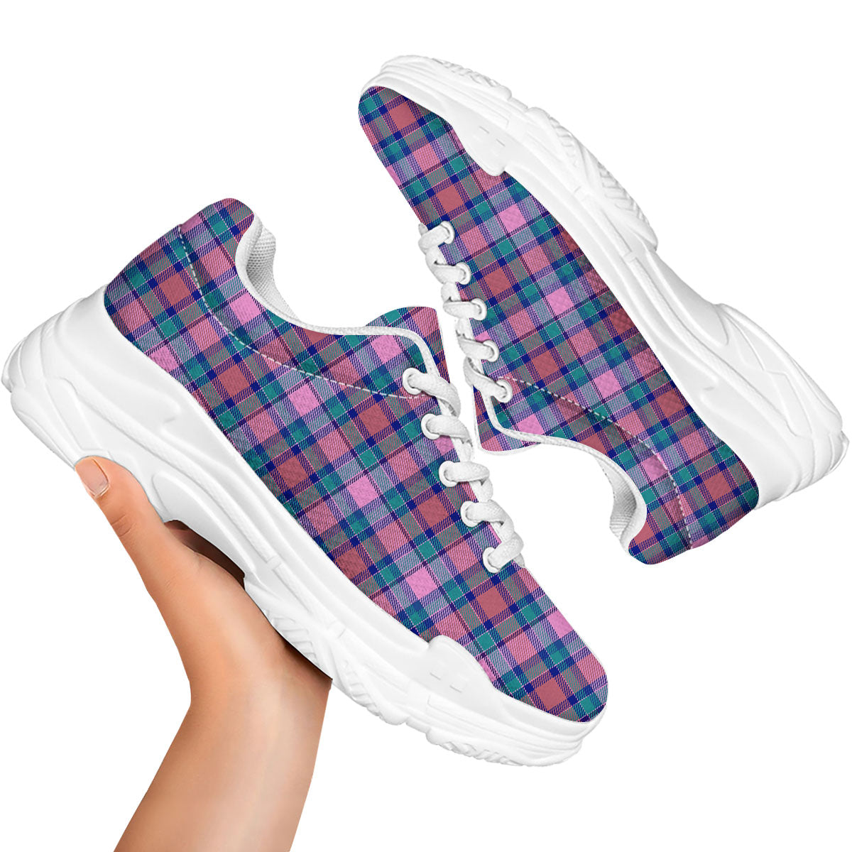 Blue Green And Pink Tartan Print Pattern White Chunky Shoes-grizzshop