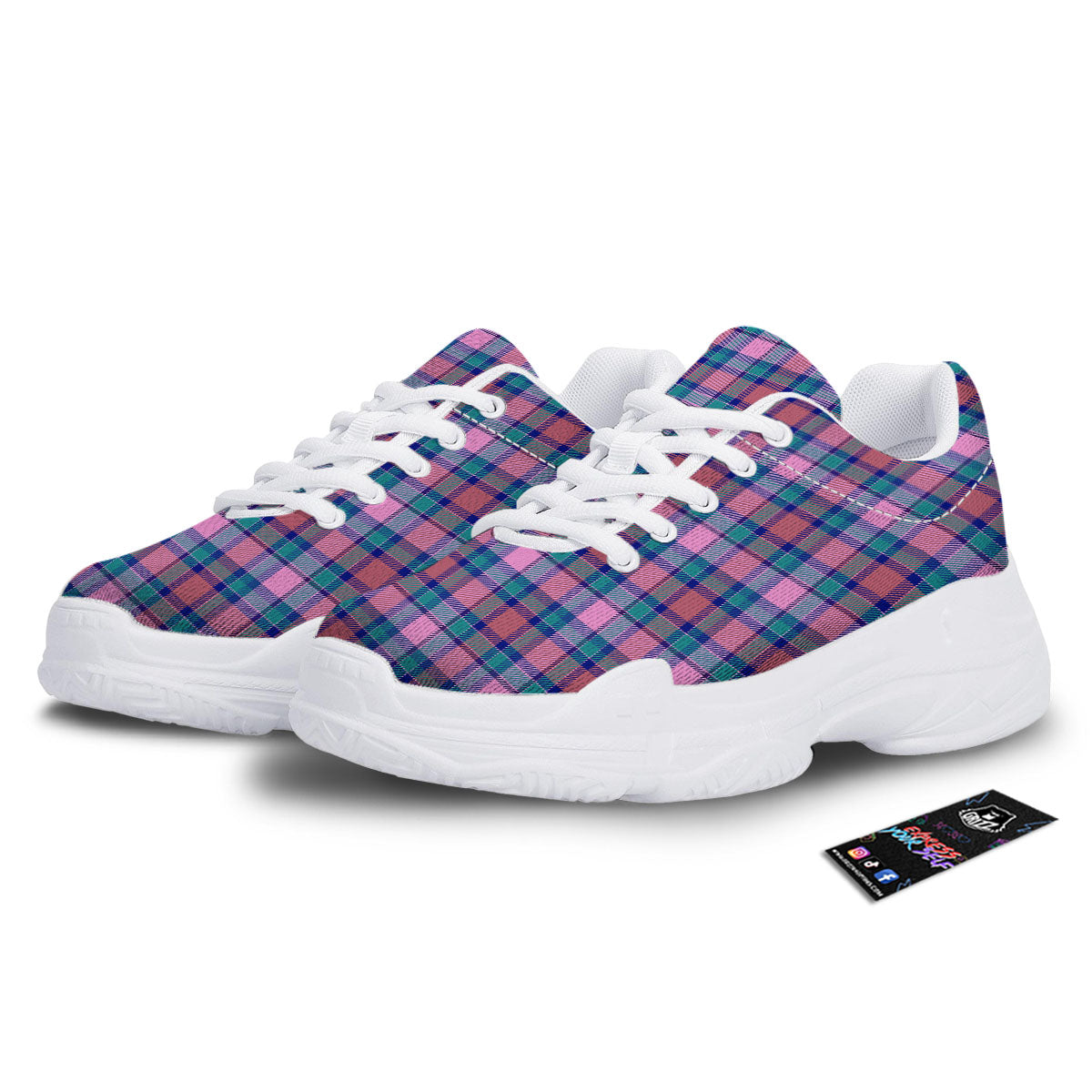 Blue Green And Pink Tartan Print Pattern White Chunky Shoes-grizzshop