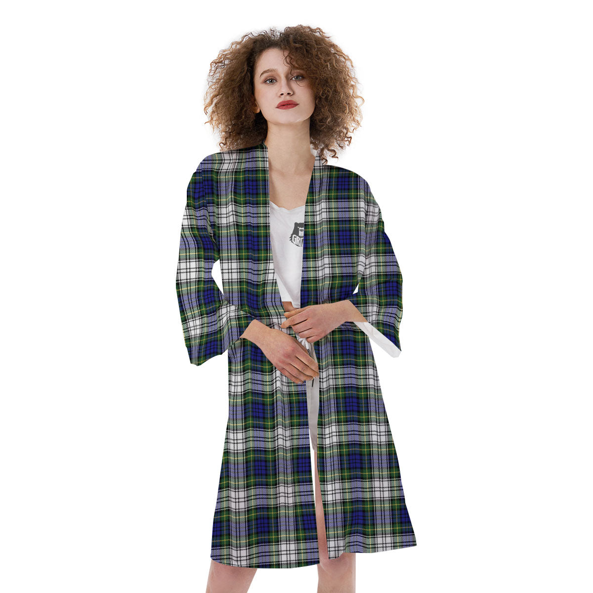 Blue Green And White Plaid Print Pattern Kimono-grizzshop