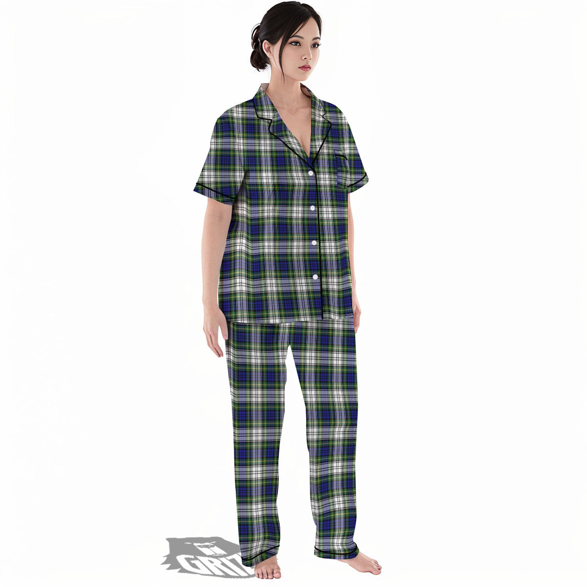 Blue Green And White Plaid Print Pattern Women's Pajamas Set-grizzshop