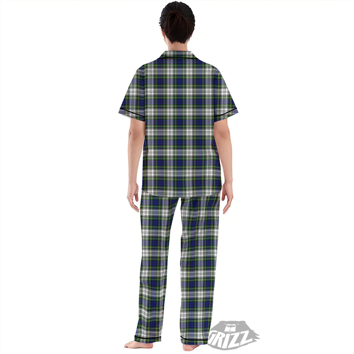 Blue Green And White Plaid Print Pattern Women's Pajamas Set-grizzshop