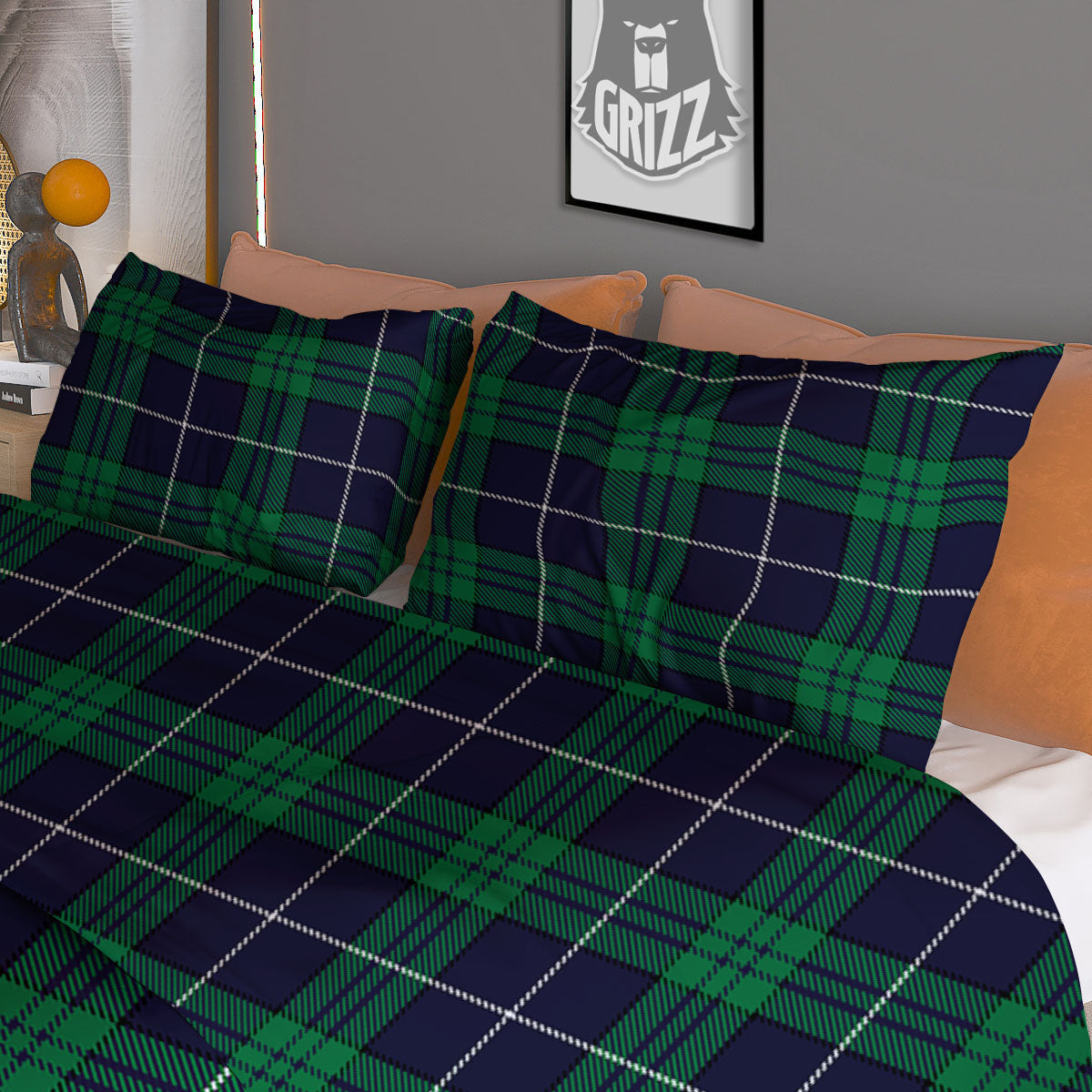 Blue Green And White Tartan Print Duvet Cover Bedding Set