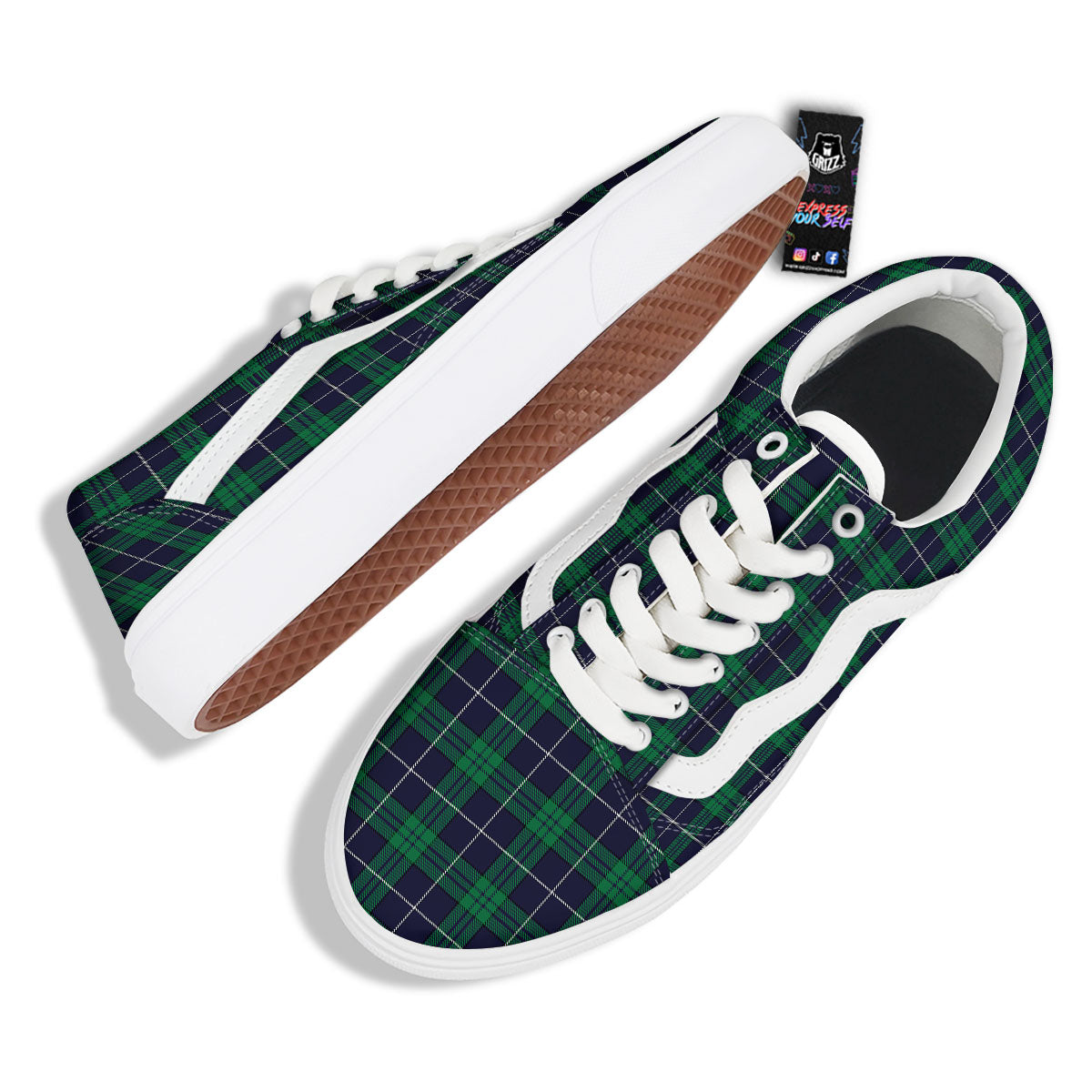 Blue Green And White Tartan Print Skate Shoes-grizzshop