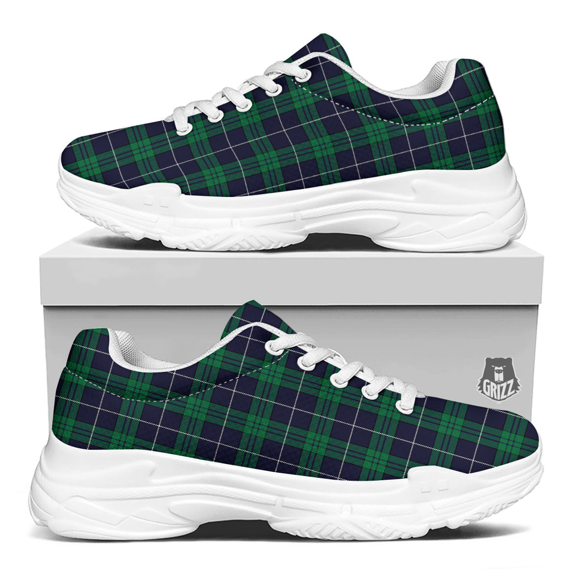 Blue Green And White Tartan Print White Chunky Shoes-grizzshop