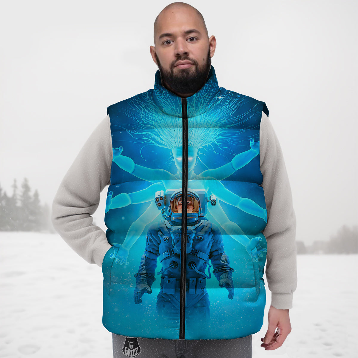 Blue Green Egg Skin Dragon Pattern Print Down Vest