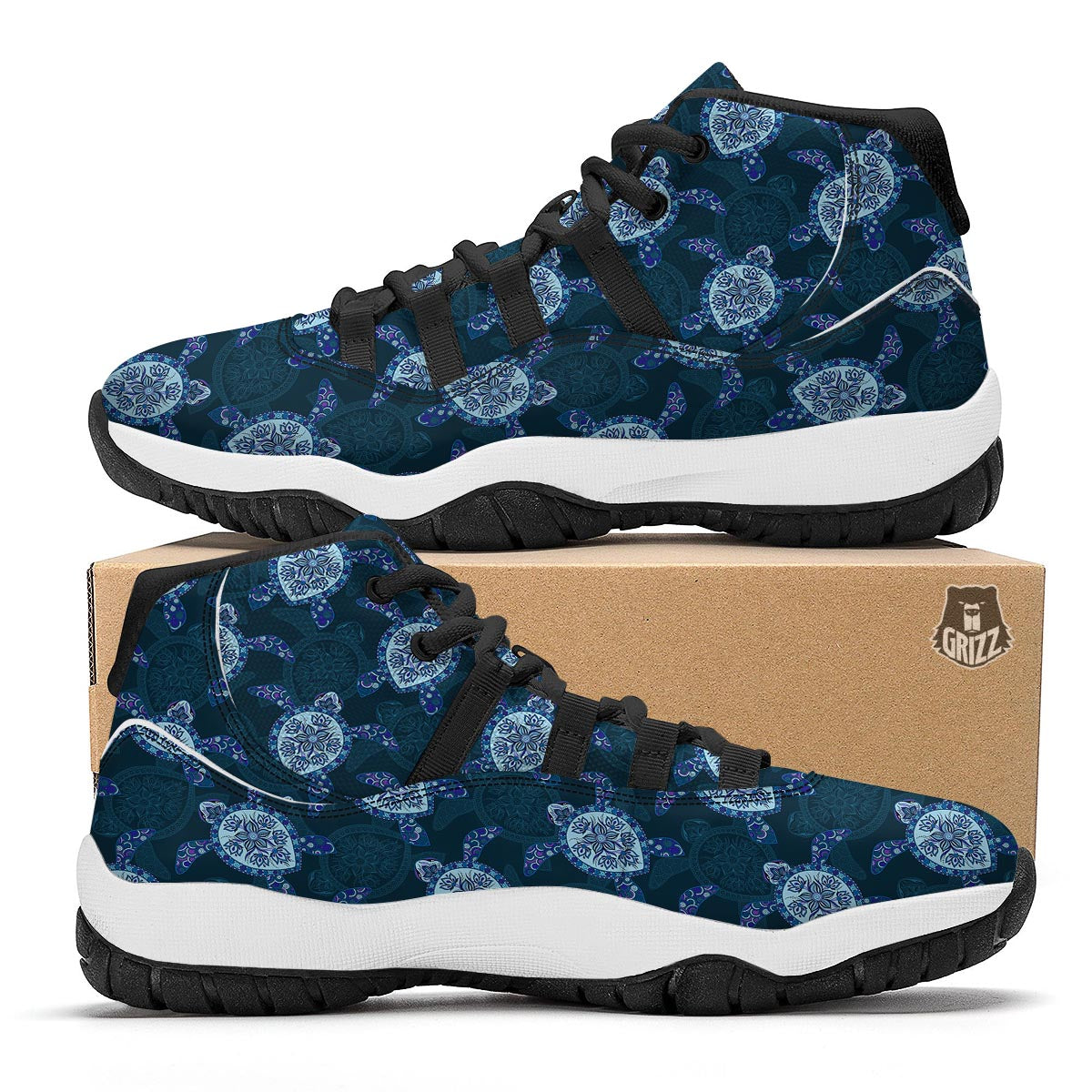 Blue Hawaiian Sea Turtle Pattern Print Black Bball Shoes-grizzshop