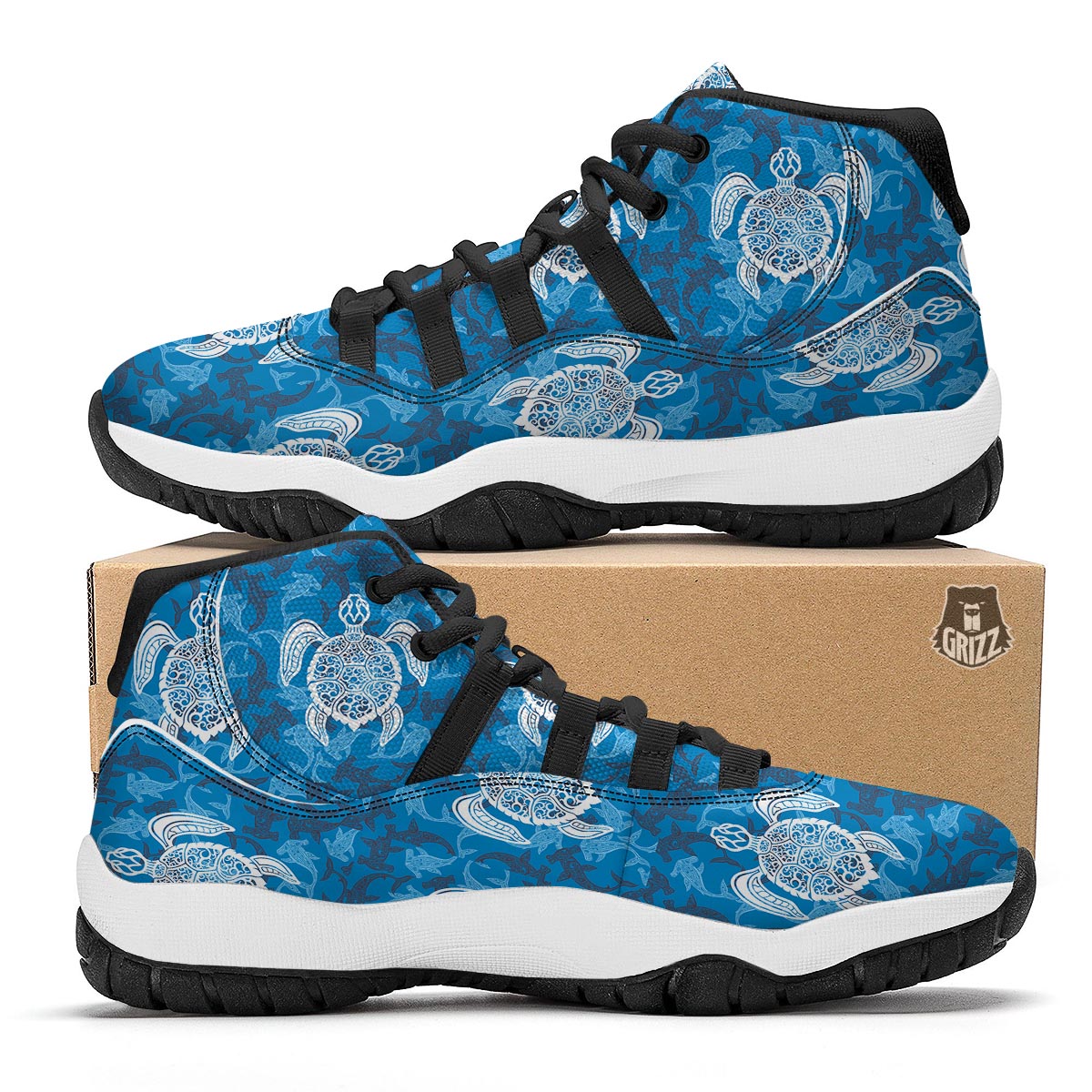 Blue Hawaiian Shark Sea Turtle Pattern Print Black Bball Shoes-grizzshop