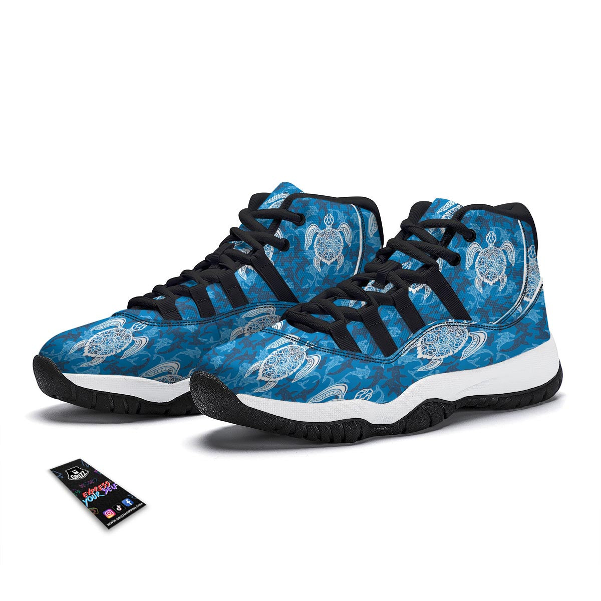Blue Hawaiian Shark Sea Turtle Pattern Print Black Bball Shoes-grizzshop