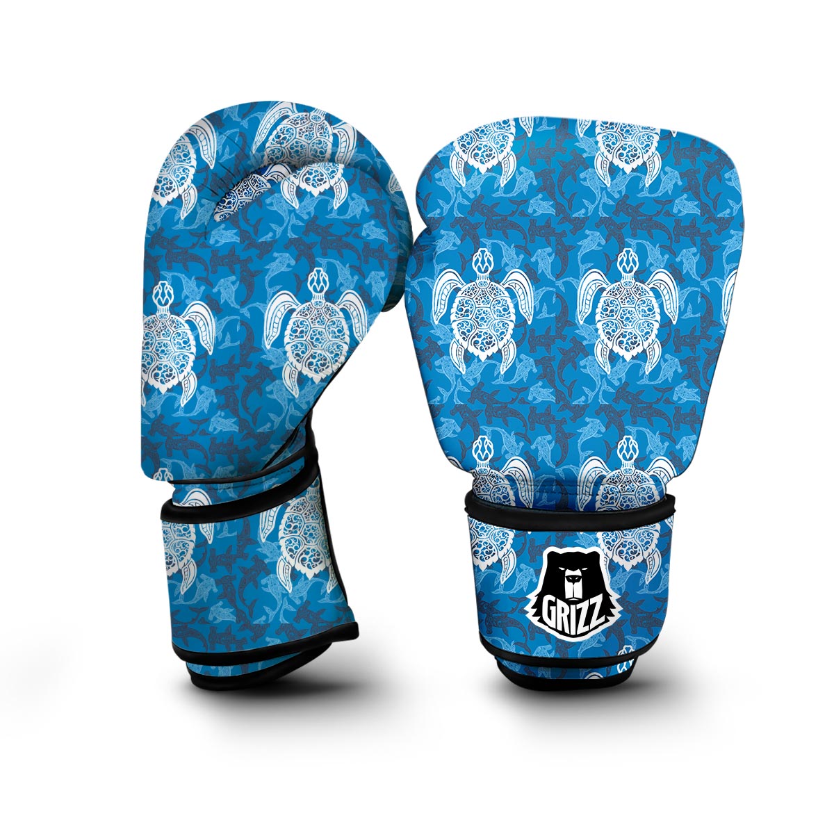Blue Hawaiian Shark Sea Turtle Pattern Print Boxing Gloves-grizzshop