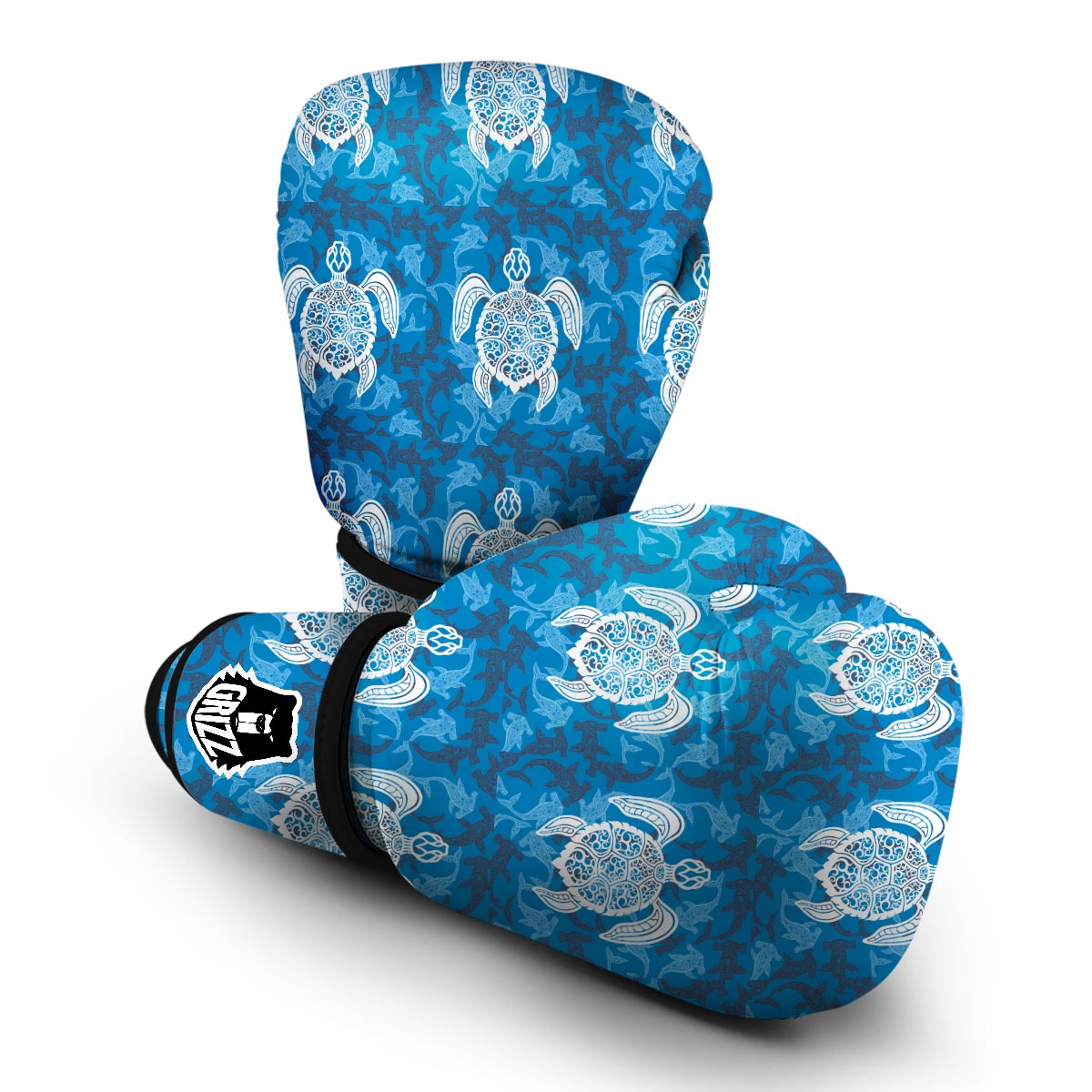 Blue Hawaiian Shark Sea Turtle Pattern Print Boxing Gloves-grizzshop