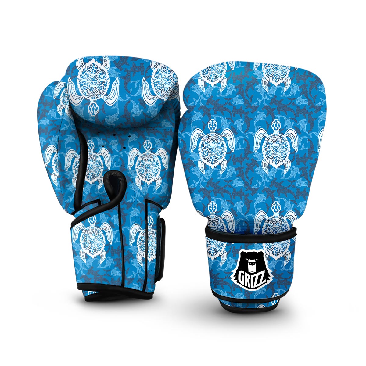 Blue Hawaiian Shark Sea Turtle Pattern Print Boxing Gloves-grizzshop
