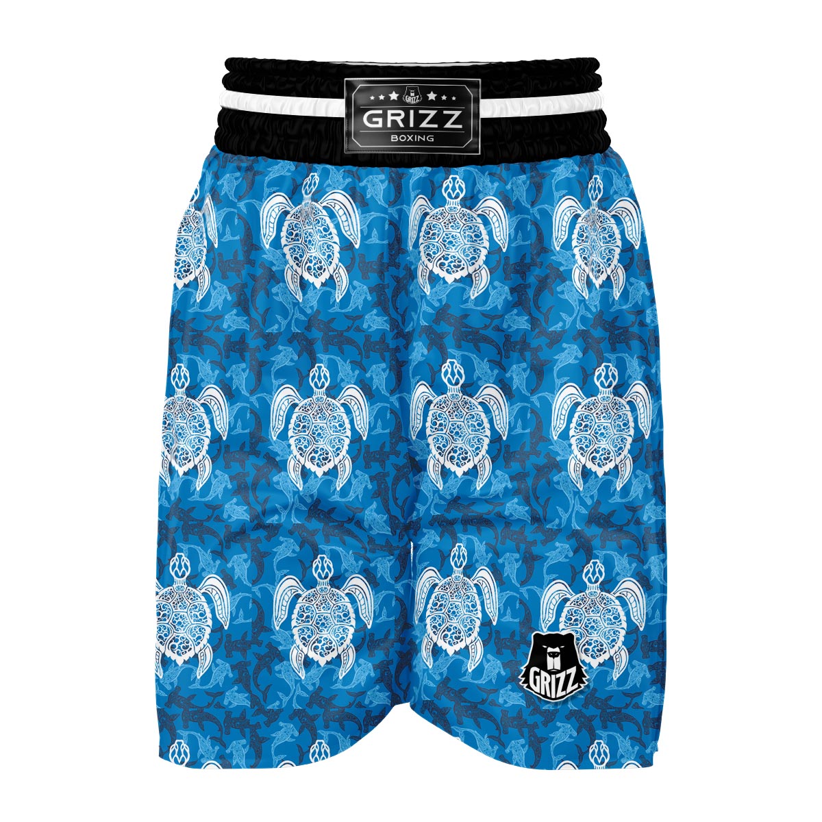 Blue Hawaiian Shark Sea Turtle Pattern Print Boxing Shorts-grizzshop