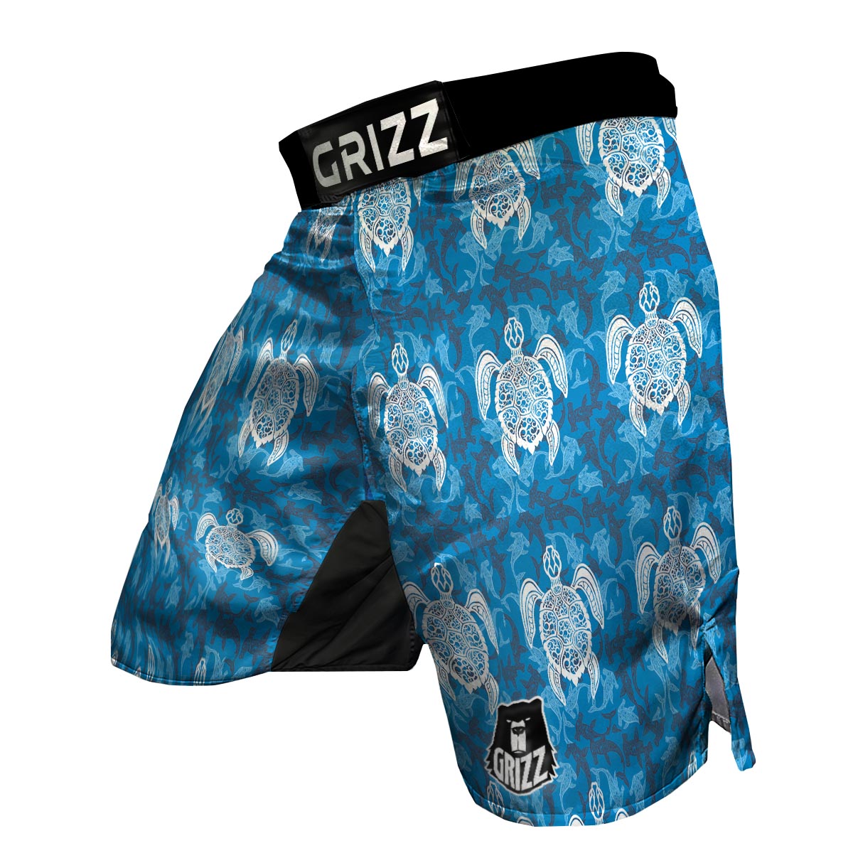 Blue Hawaiian Shark Sea Turtle Pattern Print MMA Shorts-grizzshop