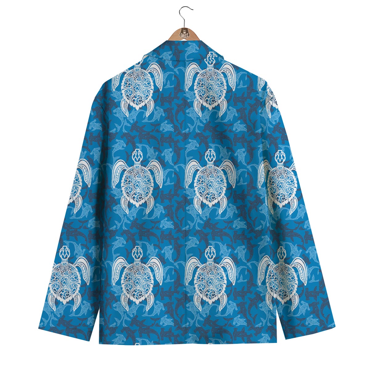 Blue Hawaiian Shark Sea Turtle Pattern Print Men's Blazer-grizzshop