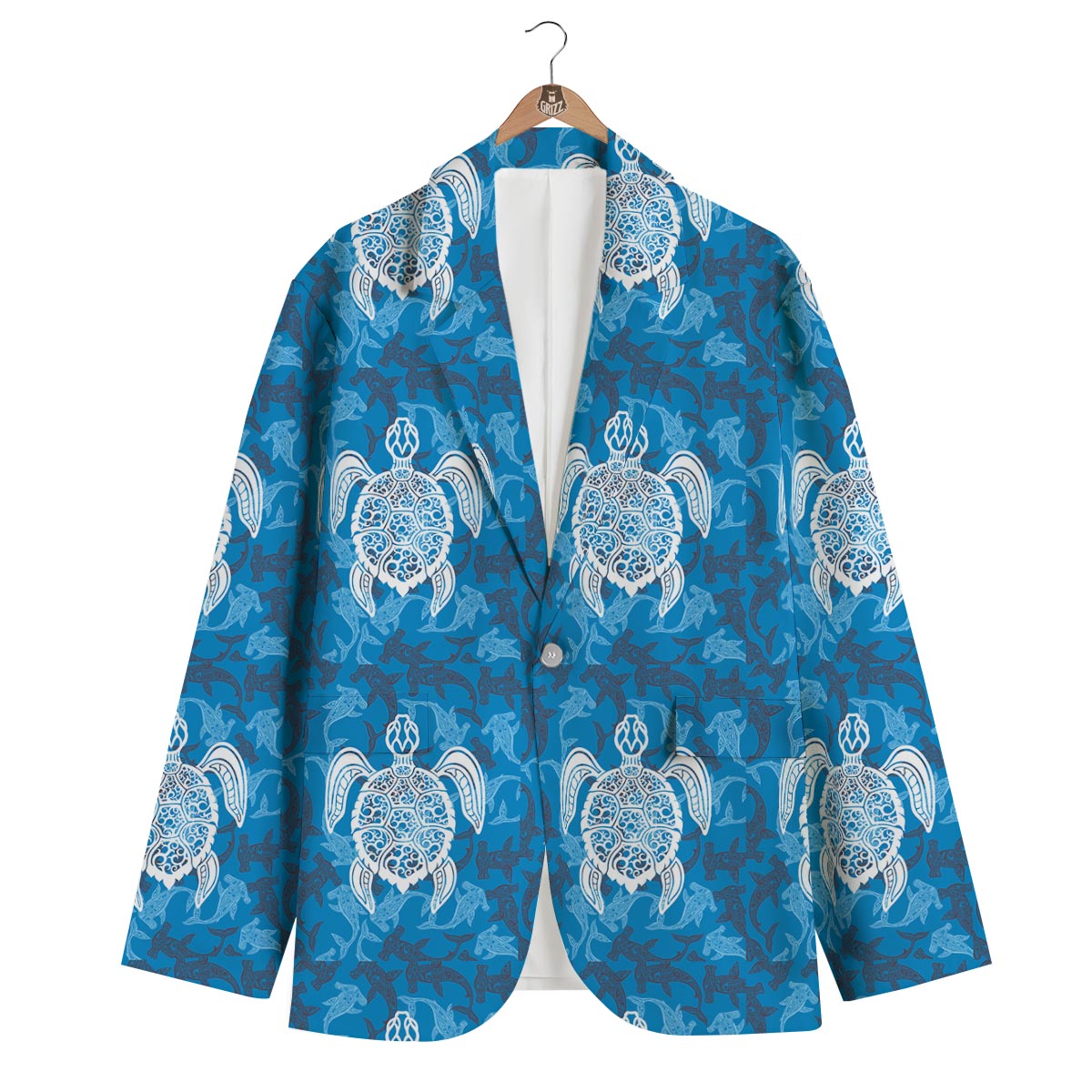 Blue Hawaiian Shark Sea Turtle Pattern Print Men's Blazer-grizzshop